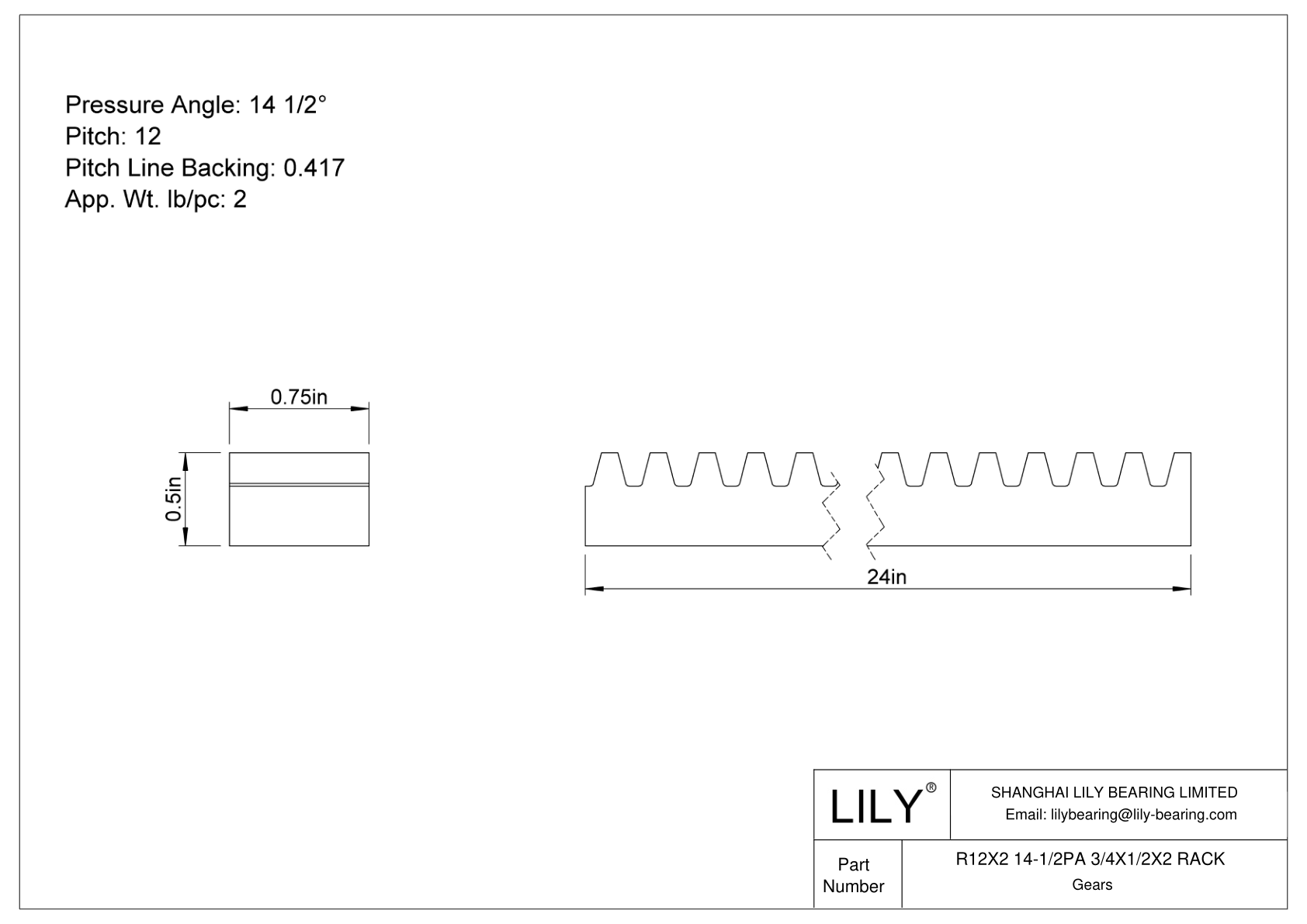 R12X2 14-1/2PA 3/4X1/2X2 RACK 齿轮架 cad drawing