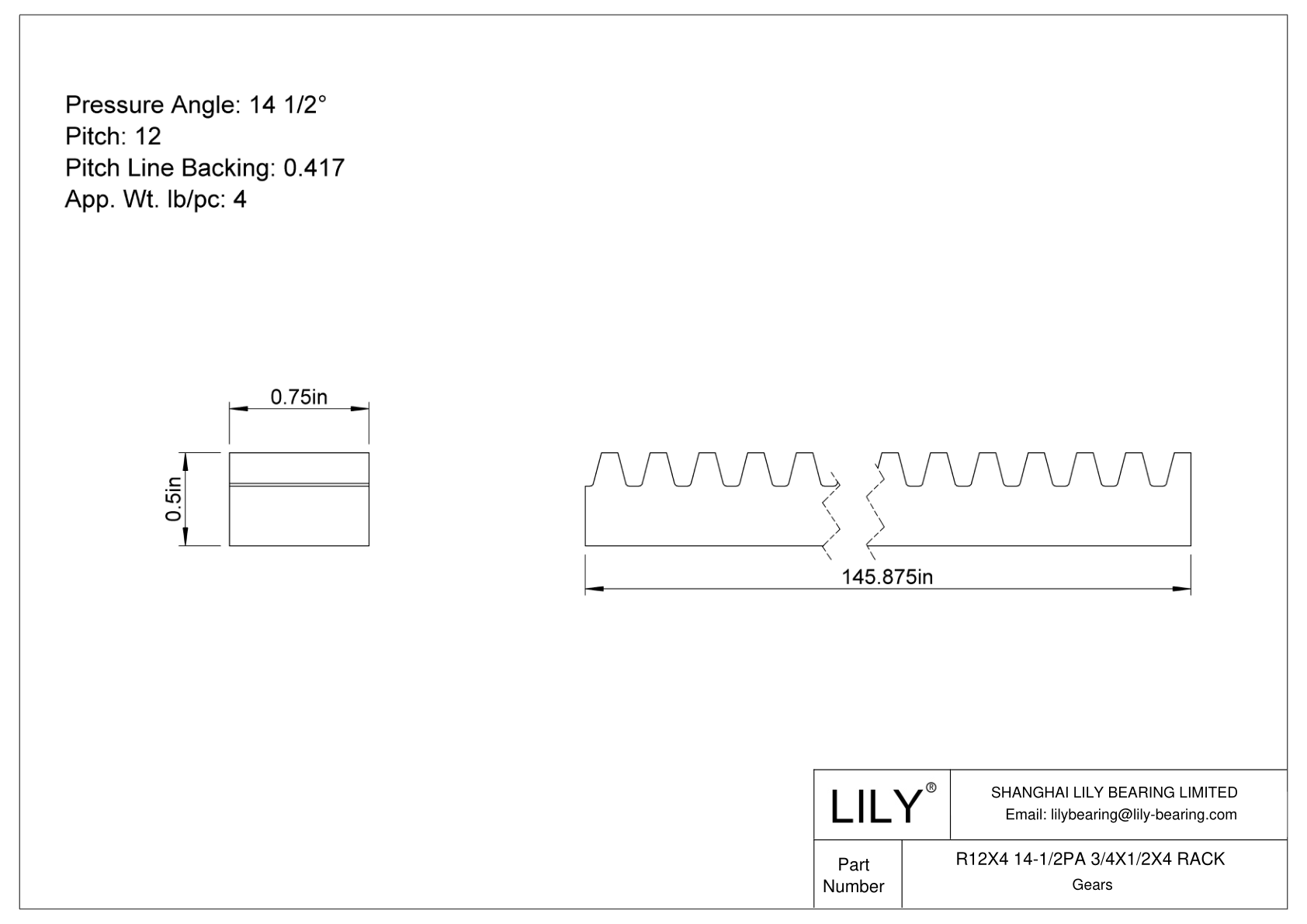 R12X4 14-1/2PA 3/4X1/2X4 RACK 齿轮架 cad drawing