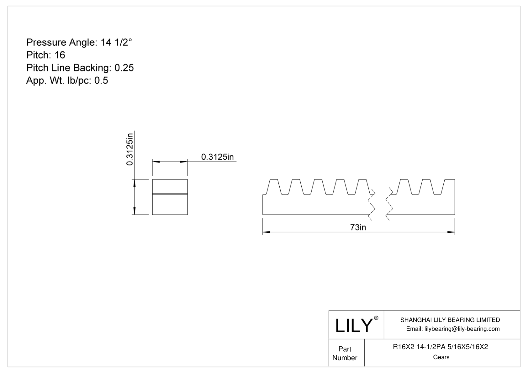 R16X2 14-1/2PA 5/16X5/16X2 齿轮架 cad drawing