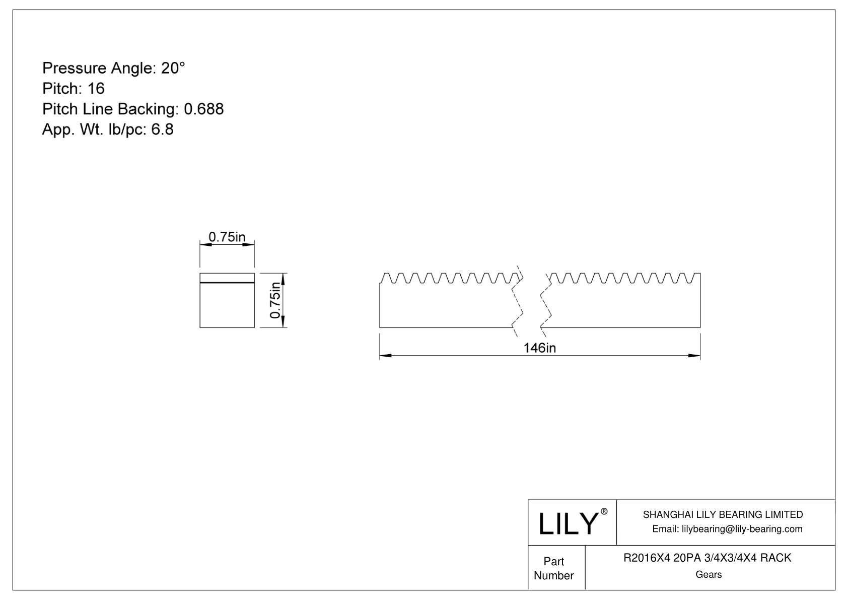 R2016X4 20PA 3/4X3/4X4 RACK Gear Rack cad drawing