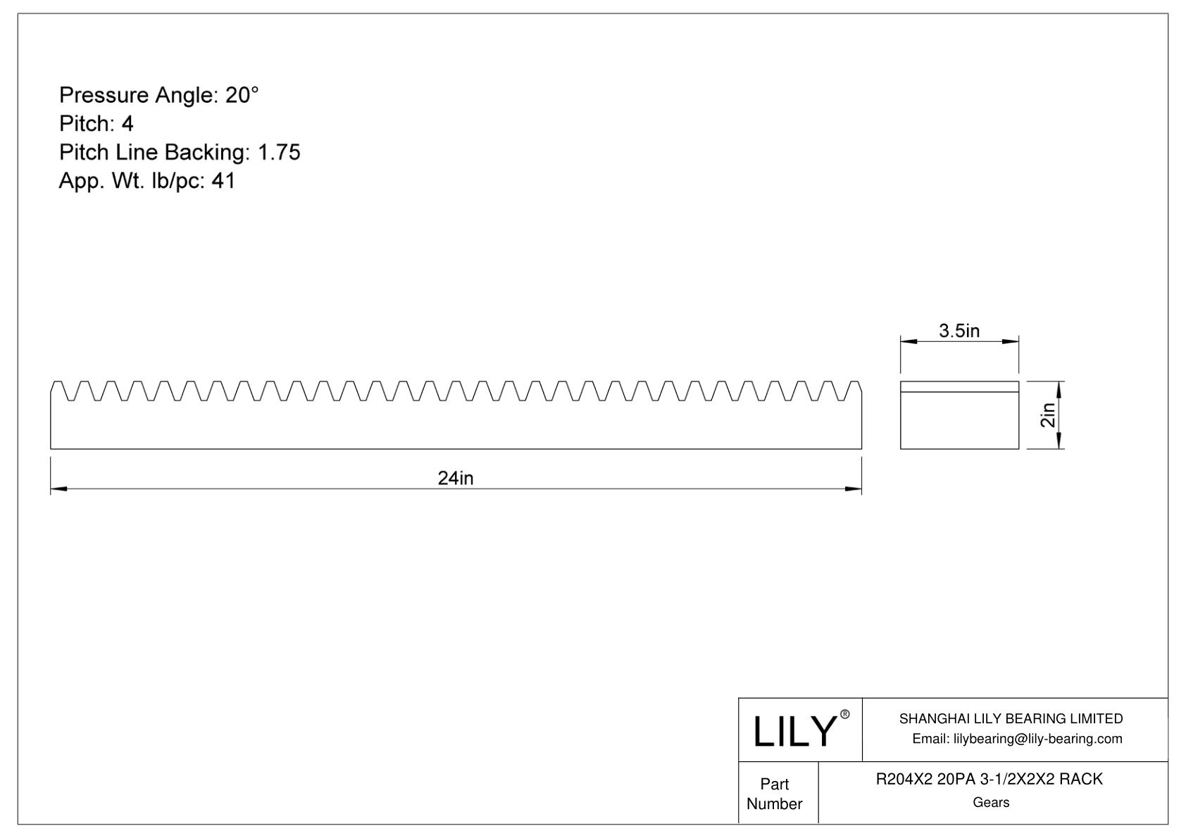 R204X2 20PA 3-1/2X2X2 RACK 齿轮架 cad drawing