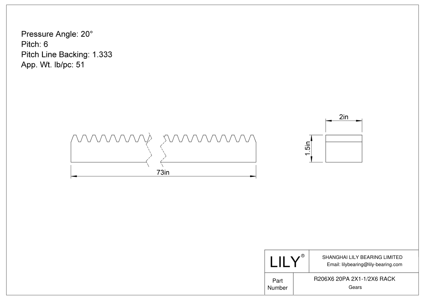 R206X6 20PA 2X1-1/2X6 RACK 齿轮架 cad drawing