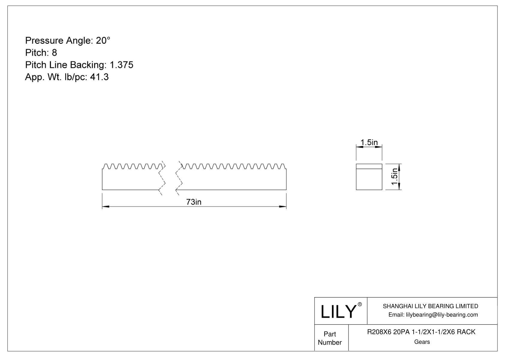 R208X6 20PA 1-1/2X1-1/2X6 RACK 齿轮架 cad drawing