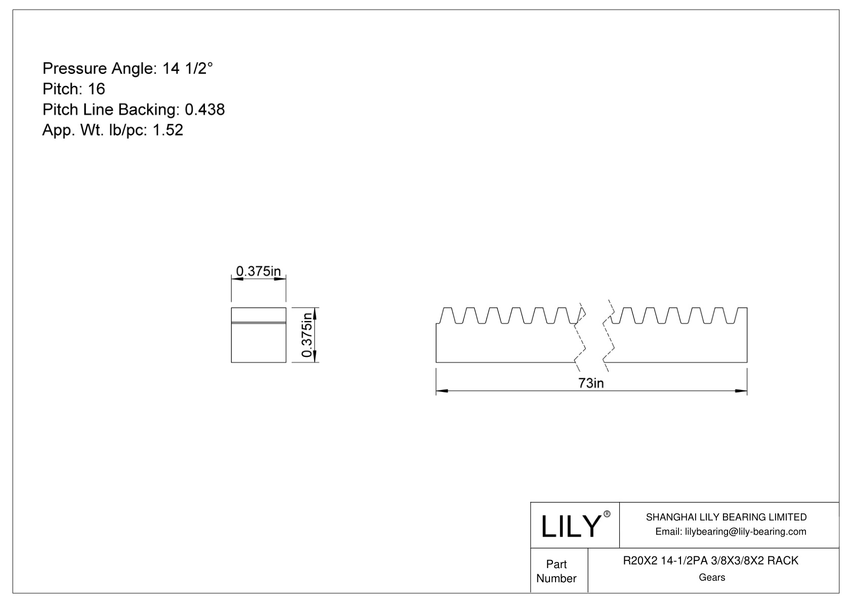 R20X2 14-1/2PA 3/8X3/8X2 RACK Cremallera cad drawing