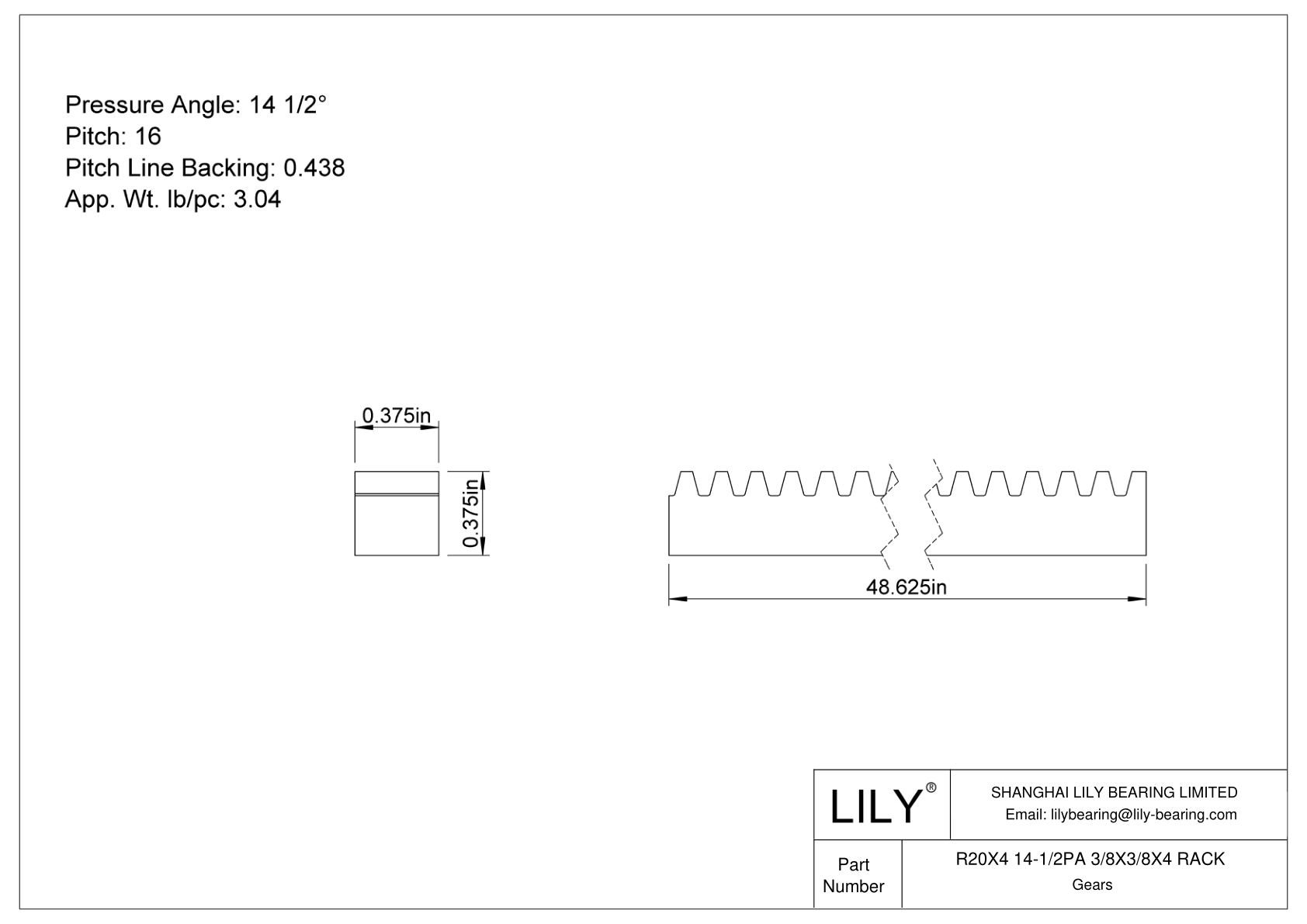 R20X4 14-1/2PA 3/8X3/8X4 RACK 齿轮架 cad drawing