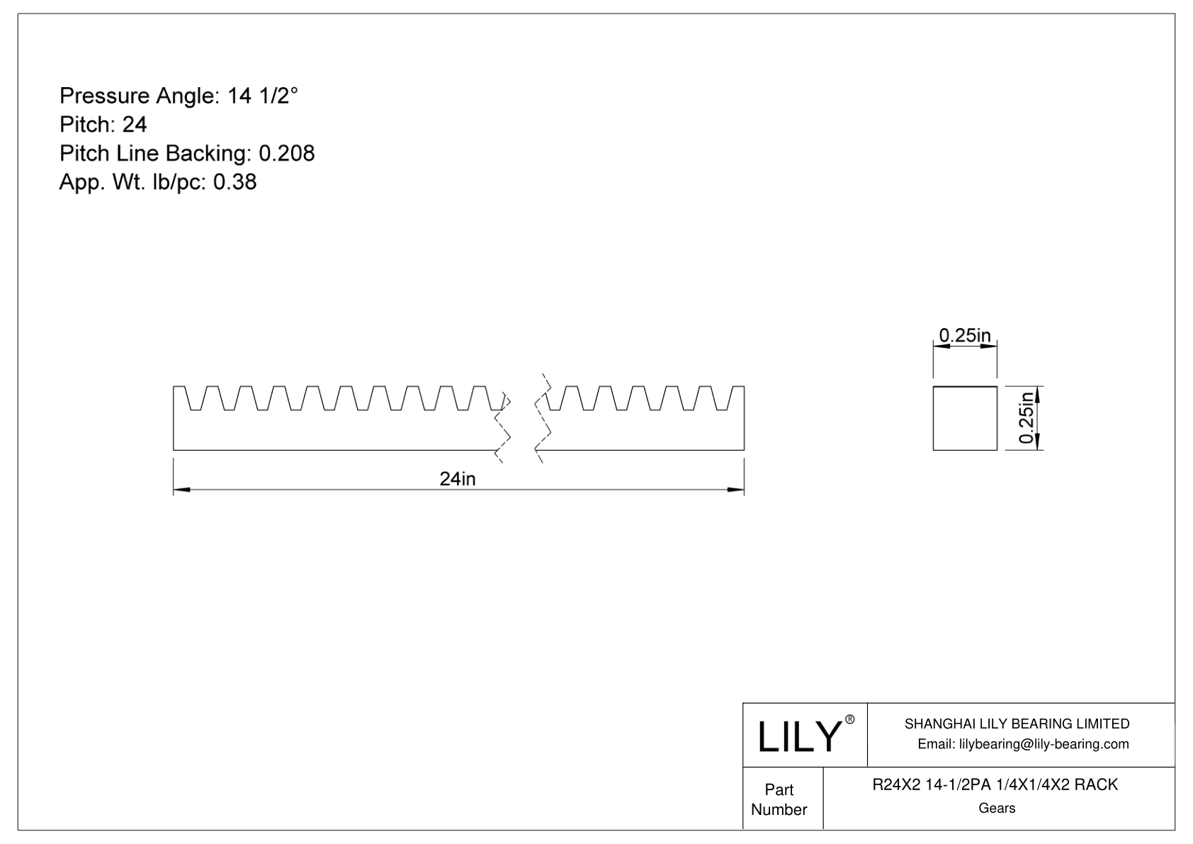 R24X2 14-1/2PA 1/4X1/4X2 RACK Cremallera cad drawing