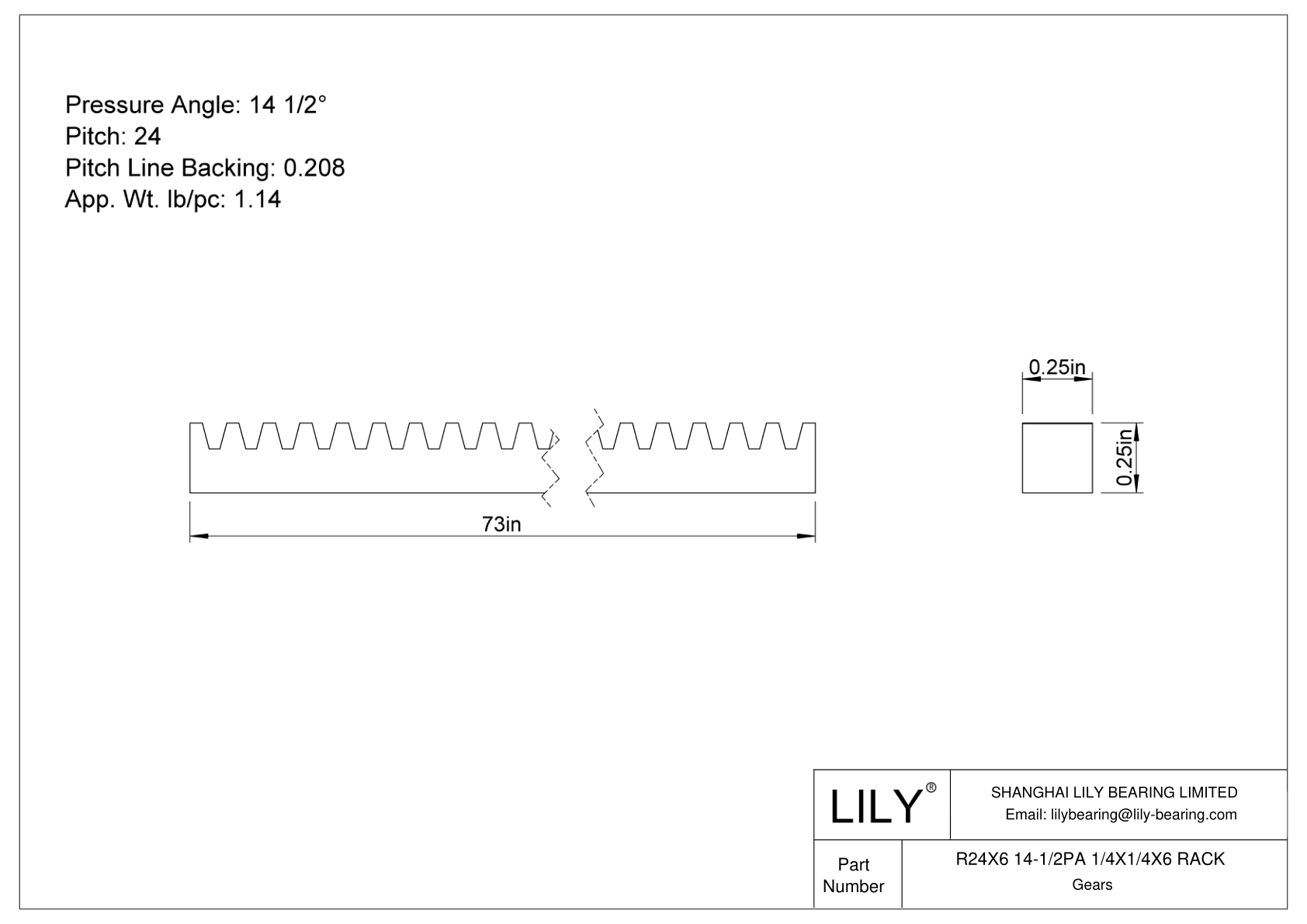 R24X6 14-1/2PA 1/4X1/4X6 RACK Cremallera cad drawing