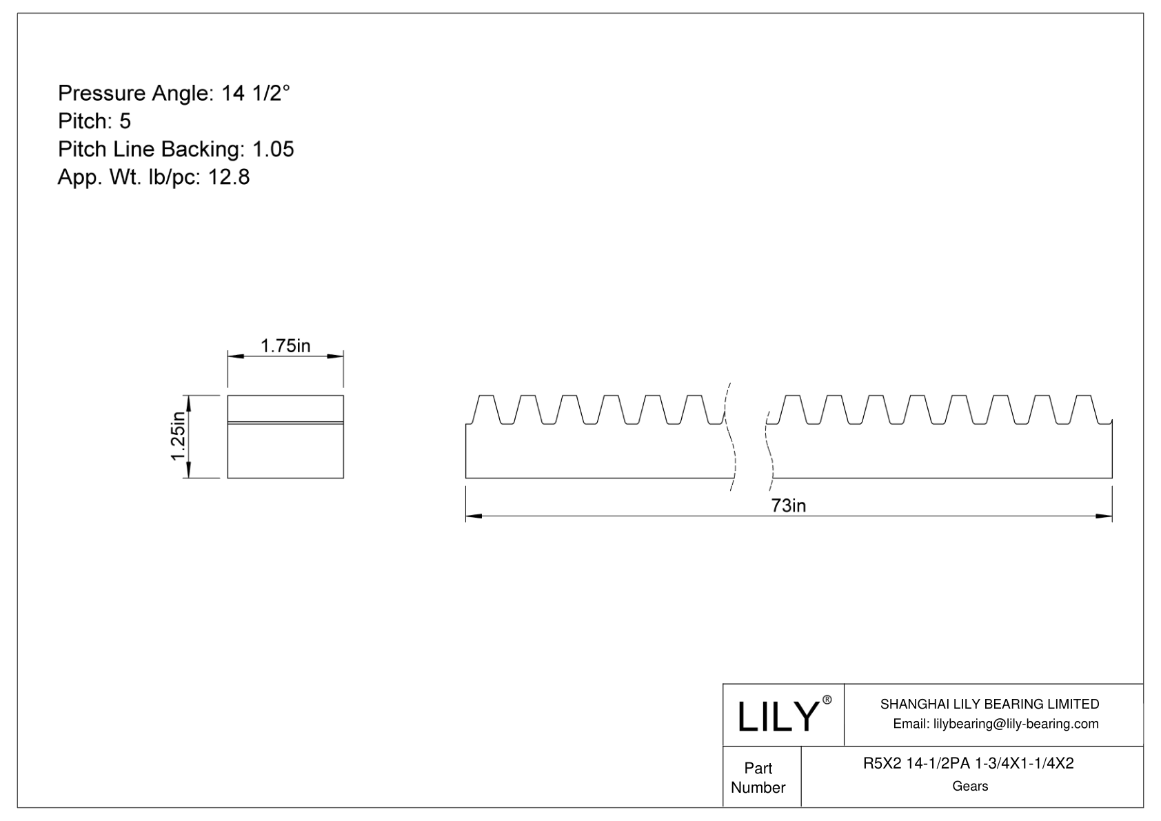 R5X2 14-1/2PA 1-3/4X1-1/4X2 Cremallera cad drawing