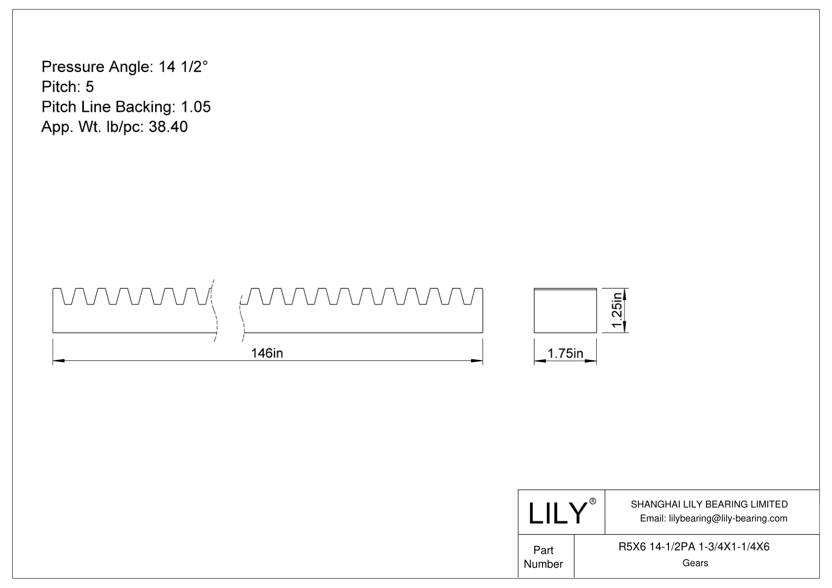 R5X6 14-1/2PA 1-3/4X1-1/4X6 Cremallera cad drawing