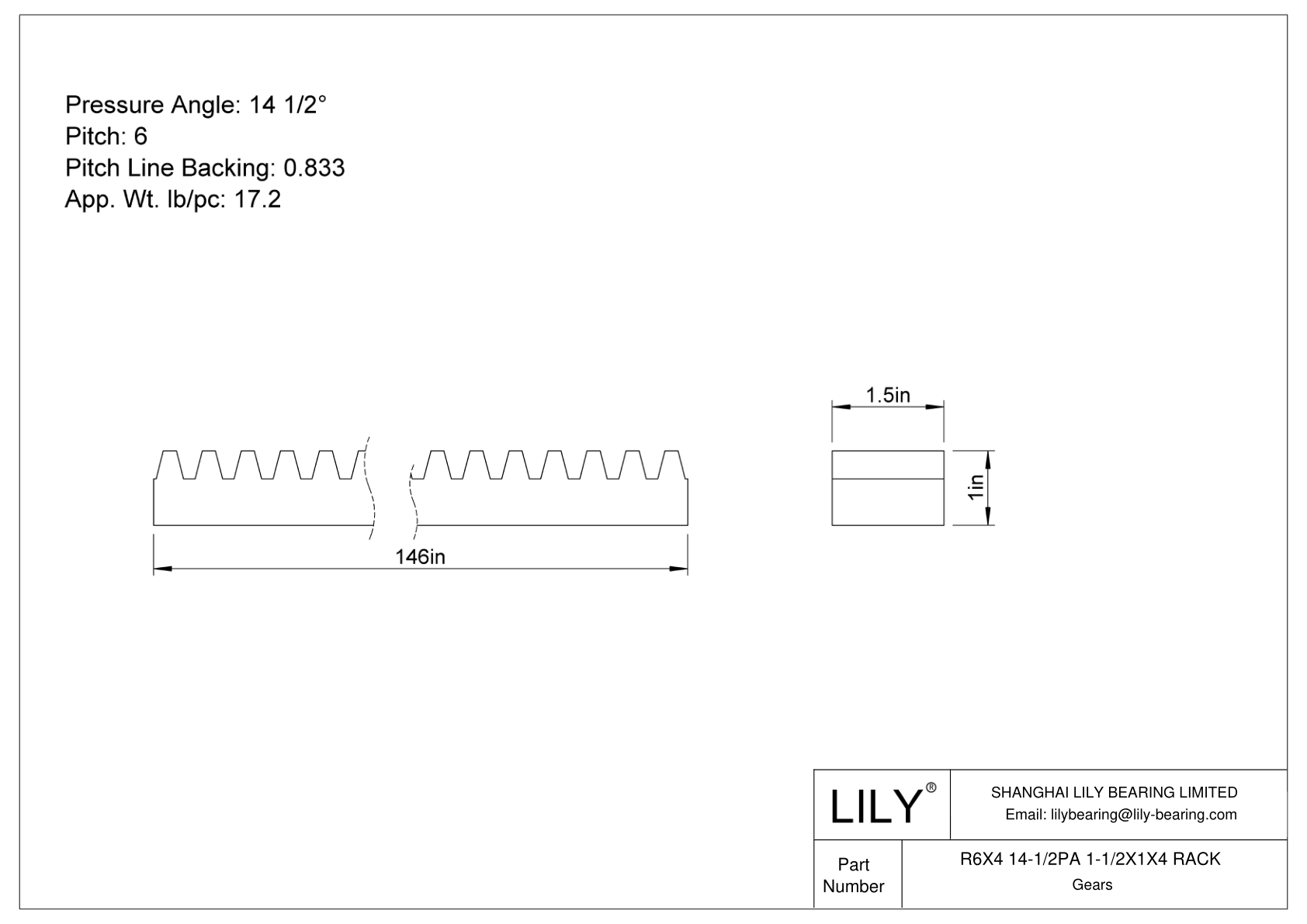 R6X4 14-1/2PA 1-1/2X1X4 RACK Gear Rack cad drawing