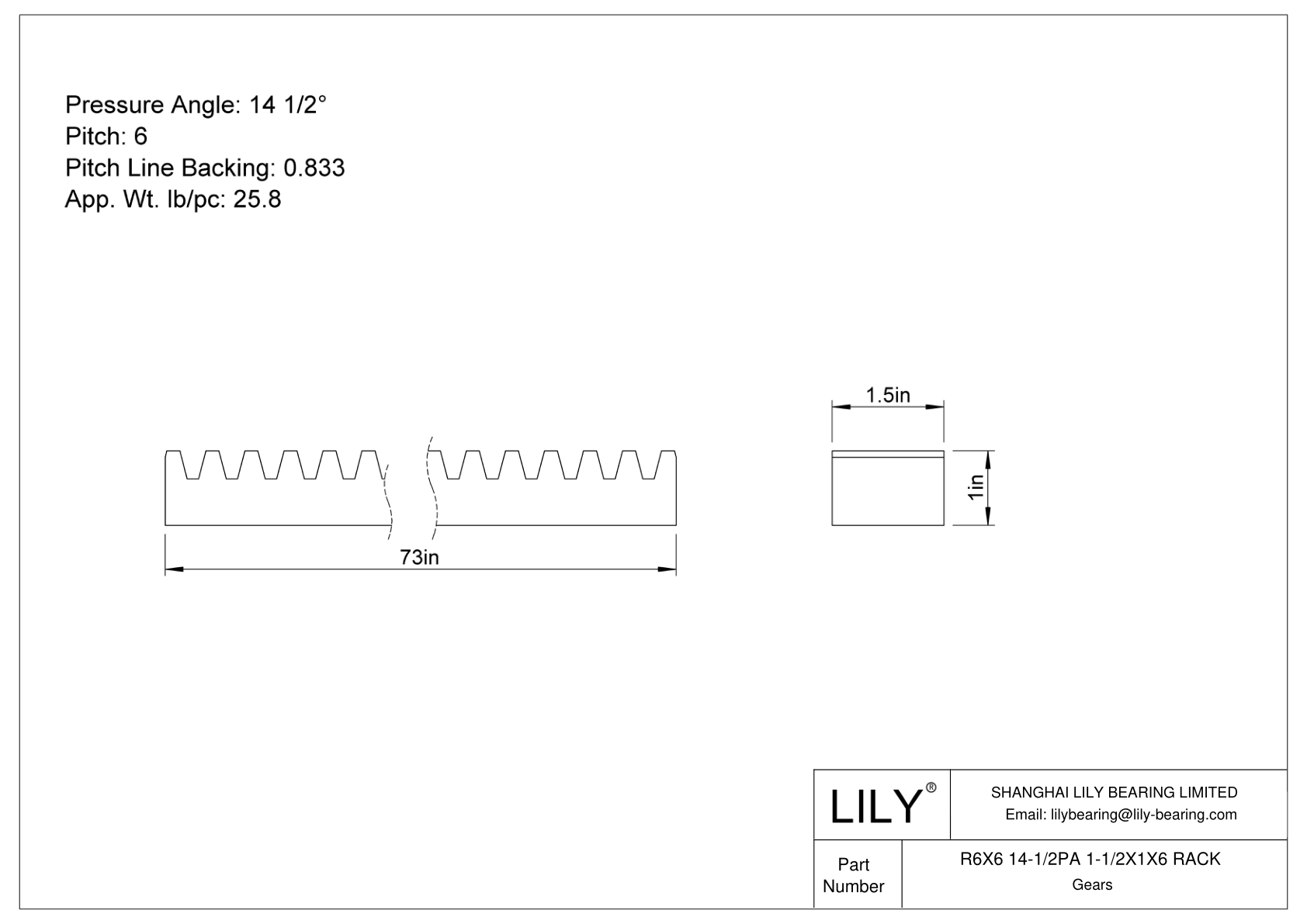 R6X6 14-1/2PA 1-1/2X1X6 RACK Gear Rack cad drawing