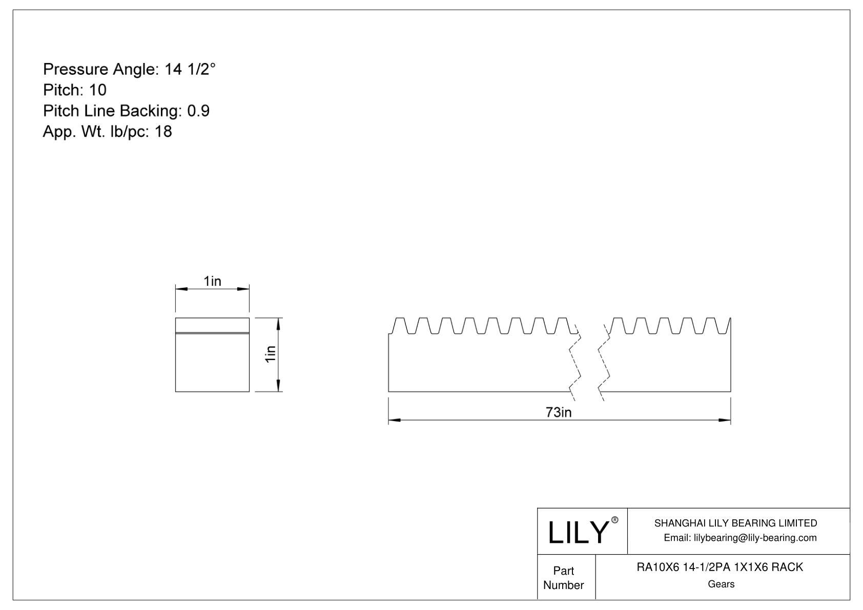 RA10X6 14-1/2PA 1X1X6 RACK 齿轮架 cad drawing