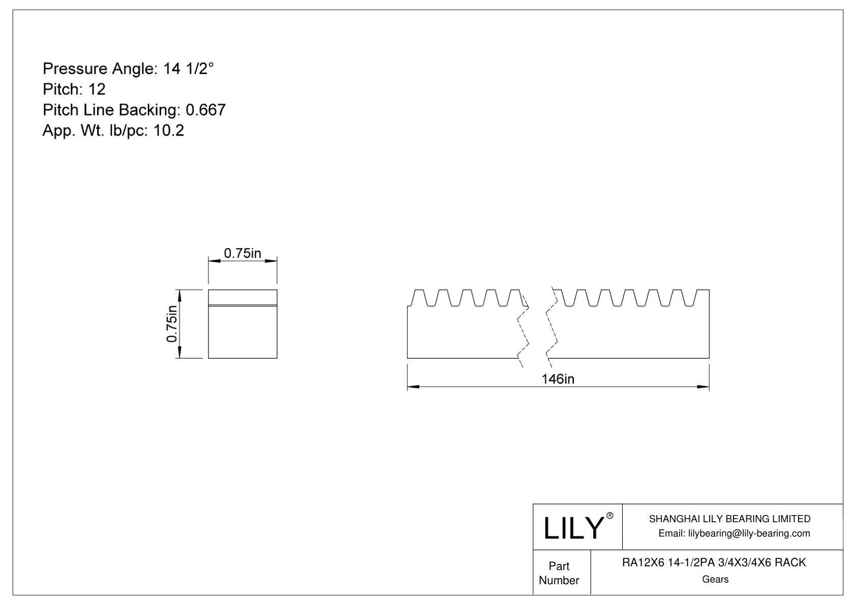 RA12X6 14-1/2PA 3/4X3/4X6 RACK Cremallera cad drawing