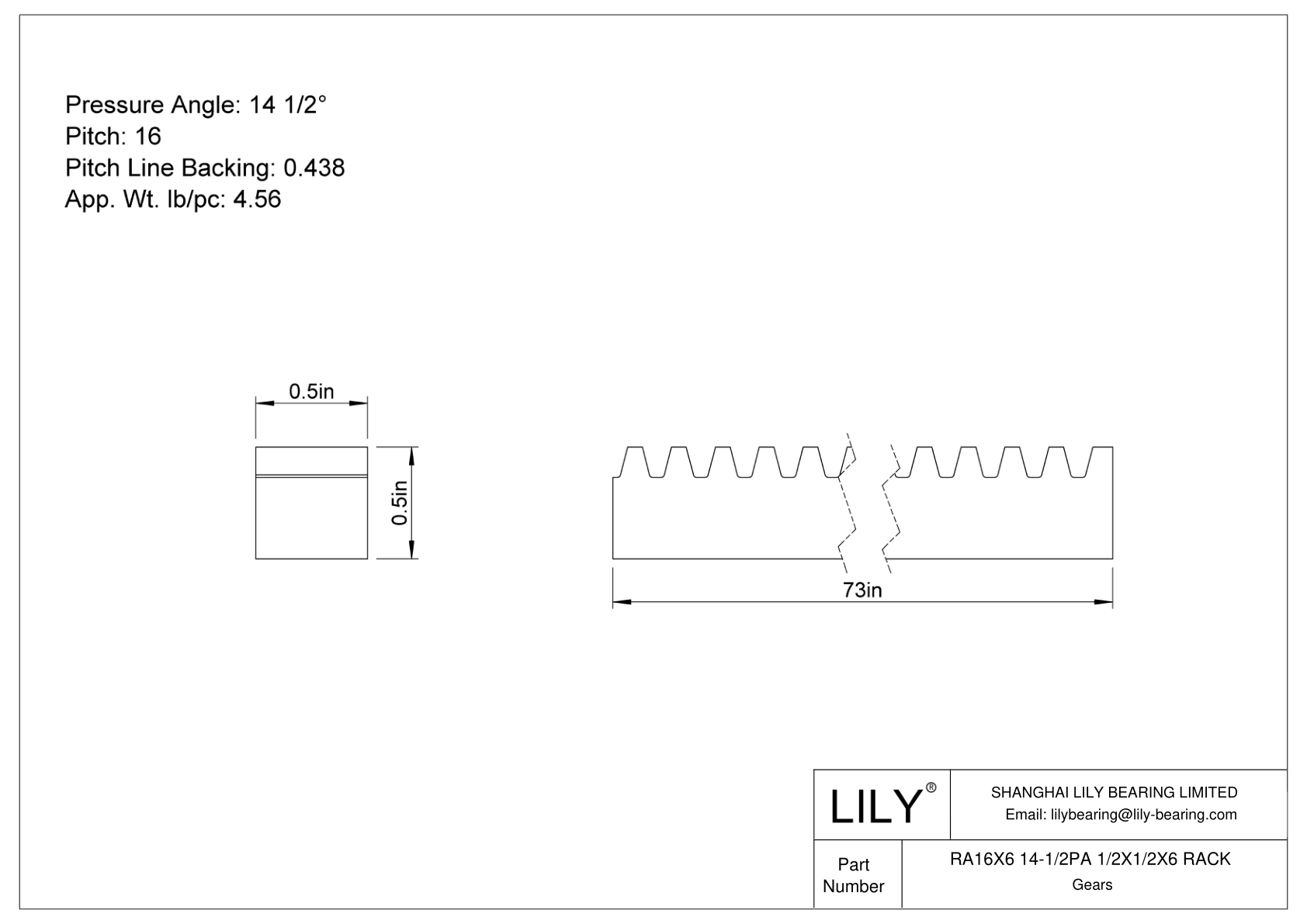 RA16X6 14-1/2PA 1/2X1/2X6 RACK 齿轮架 cad drawing