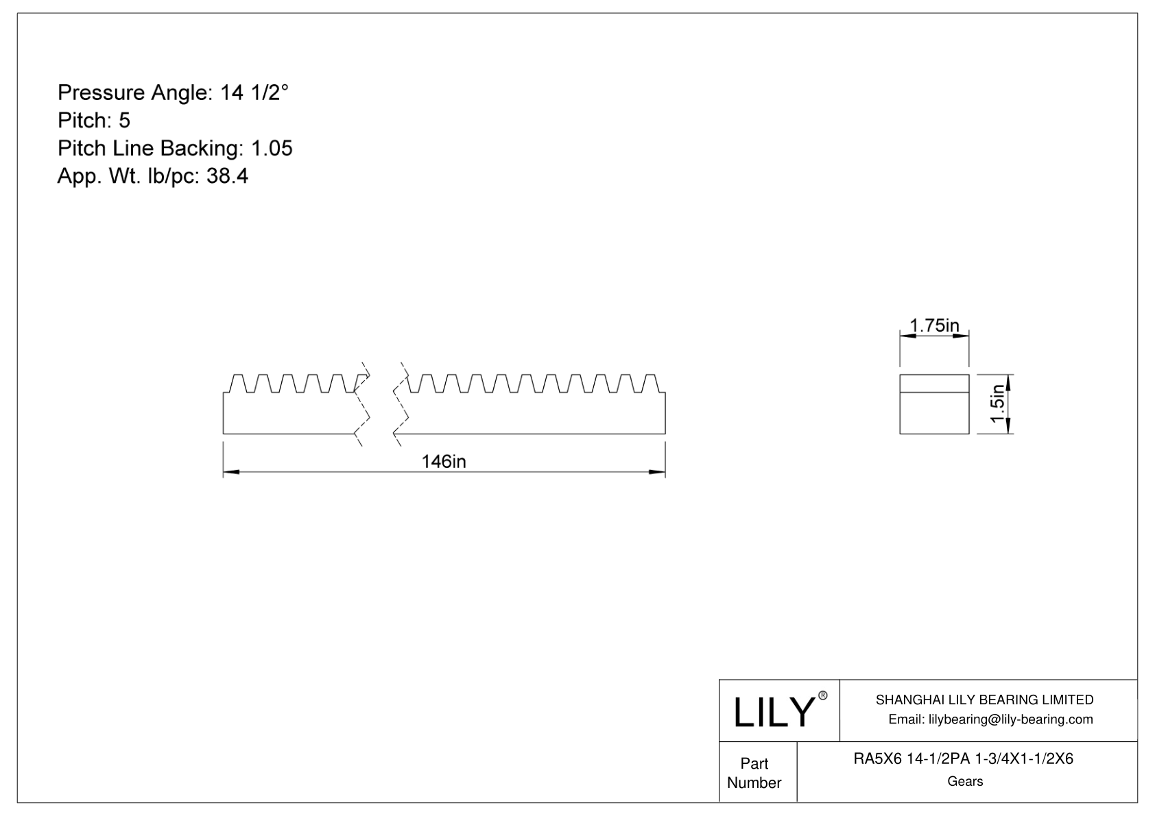 RA5X6 14-1/2PA 1-3/4X1-1/2X6 Cremallera cad drawing