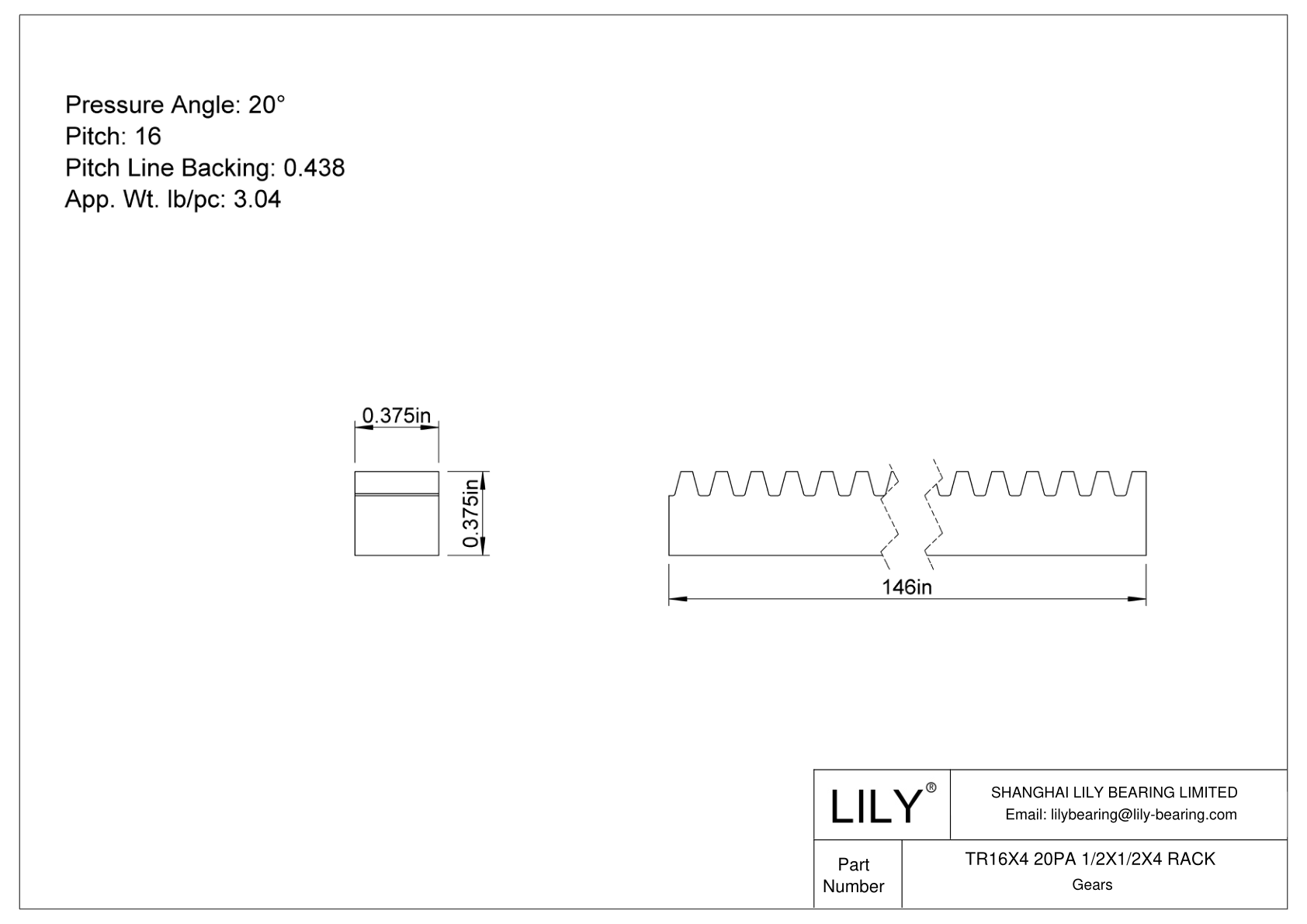 TR16X4 20PA 1/2X1/2X4 RACK 齿轮架 cad drawing