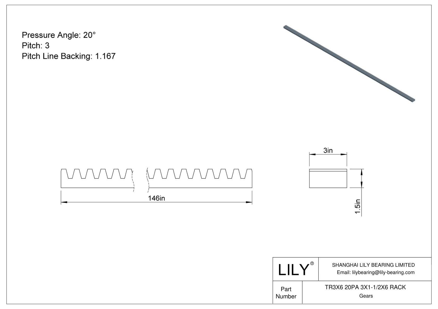 TR3X6 20PA 3X1-1/2X6 RACK 齿轮架 cad drawing