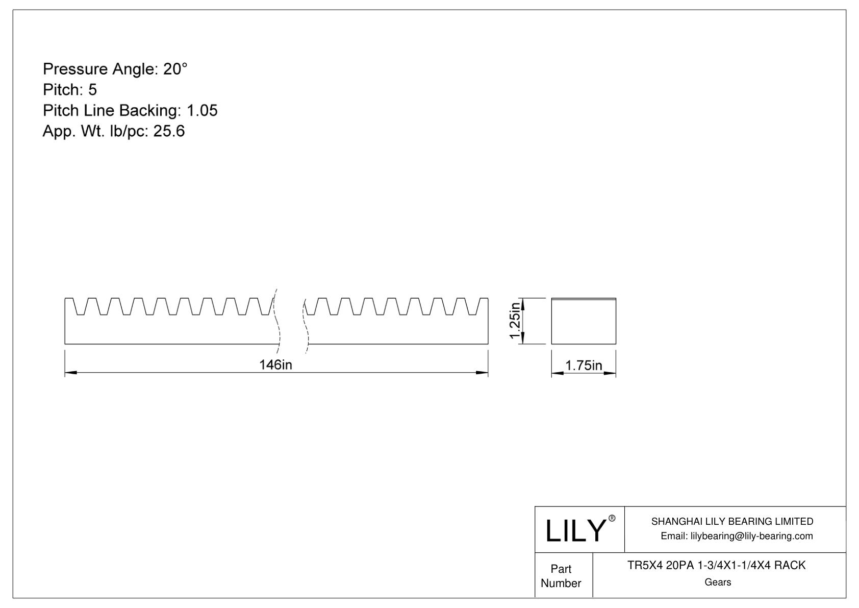 TR5X4 20PA 1-3/4X1-1/4X4 RACK 齿轮架 cad drawing