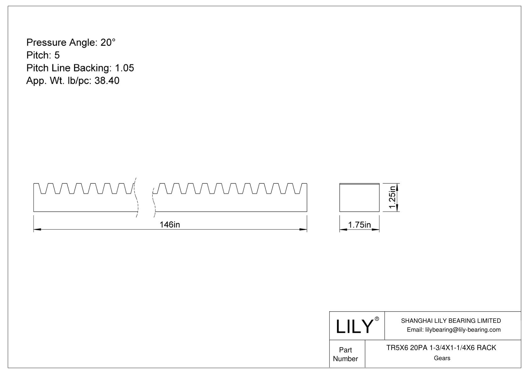 TR5X6 20PA 1-3/4X1-1/4X6 RACK 齿轮架 cad drawing