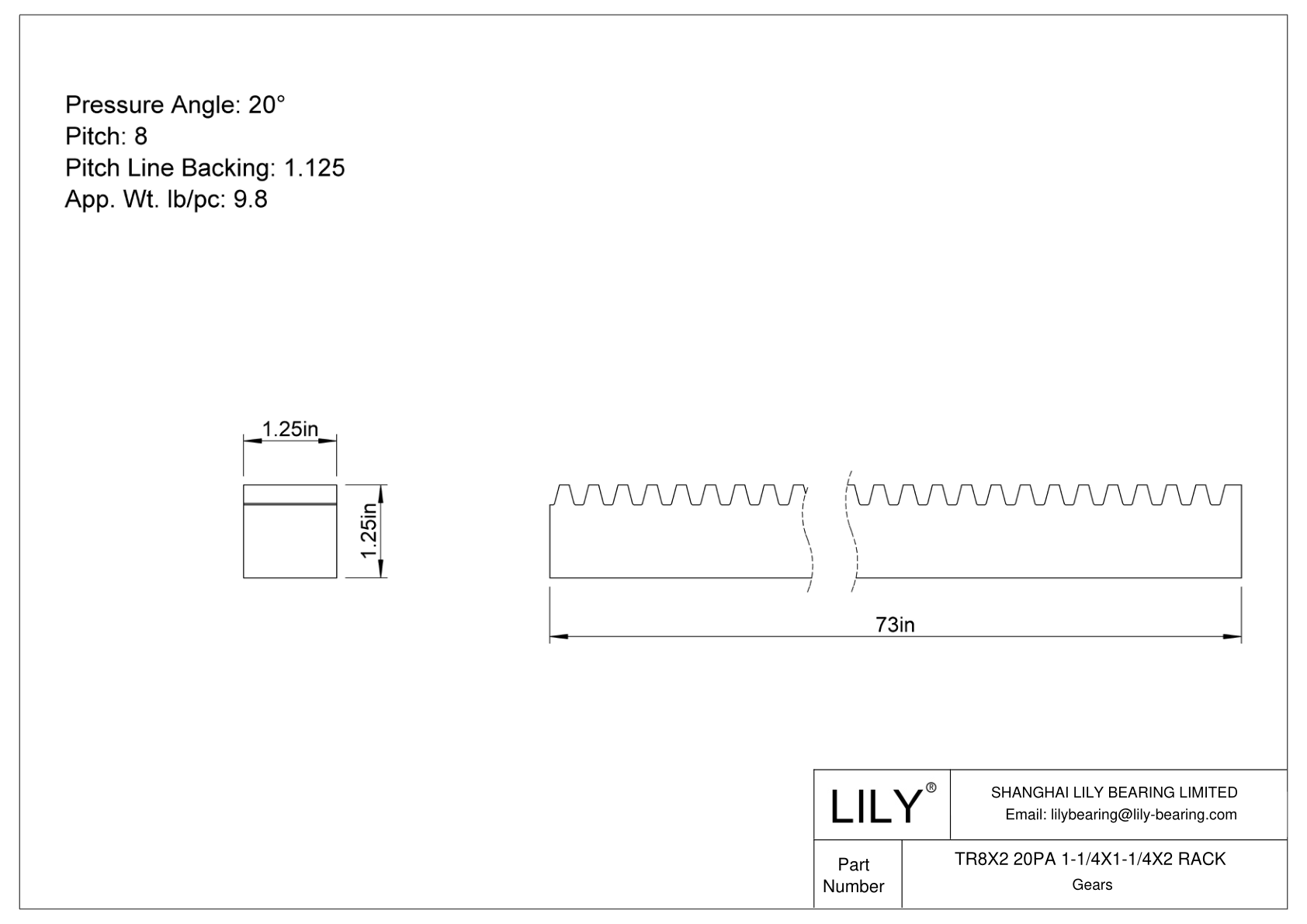 TR8X2 20PA 1-1/4X1-1/4X2 RACK Gear Rack cad drawing