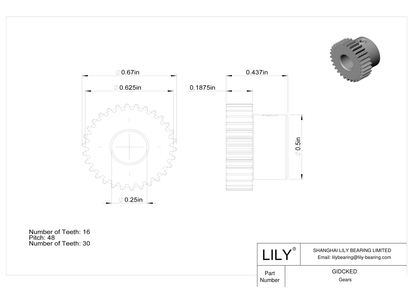 GIDCKED Engranajes metálicos en pulgadas - Ángulo de presión de 20 cad drawing