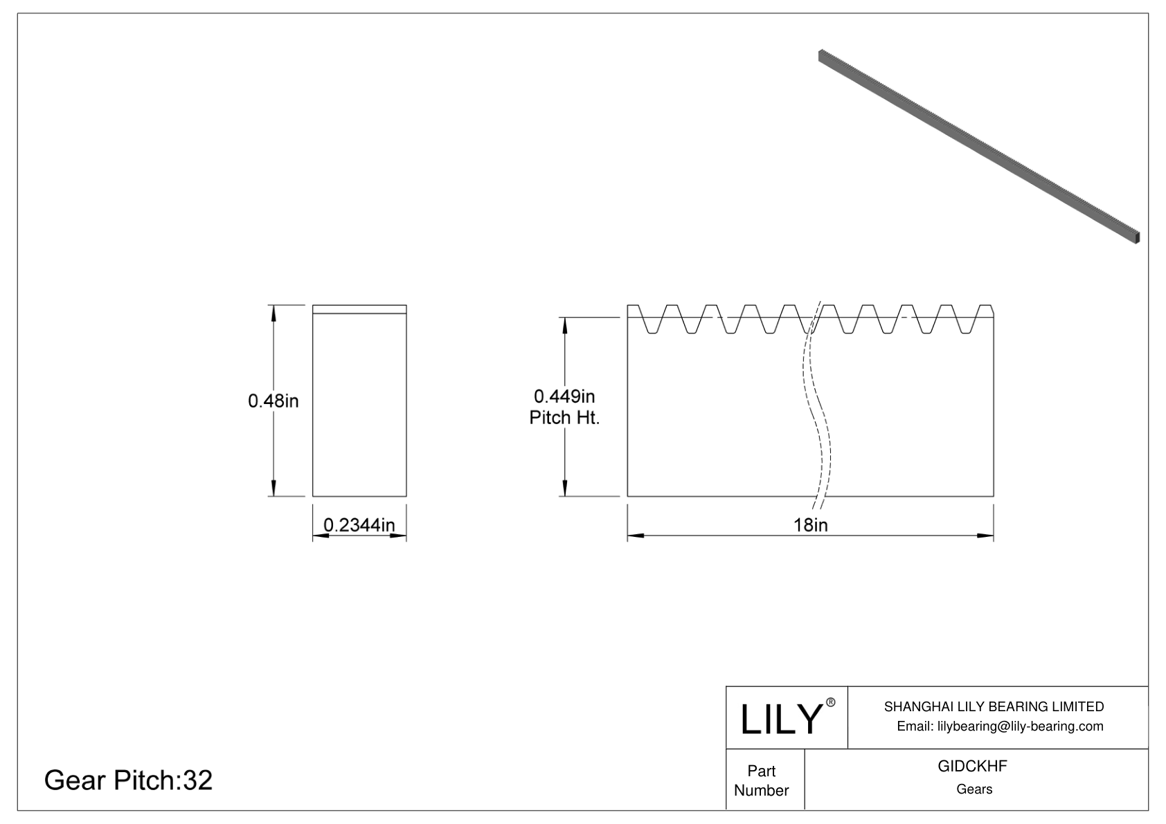 GIDCKHF Metal Inch Rectangular Gear Racks - 20° Pressure Angle cad drawing