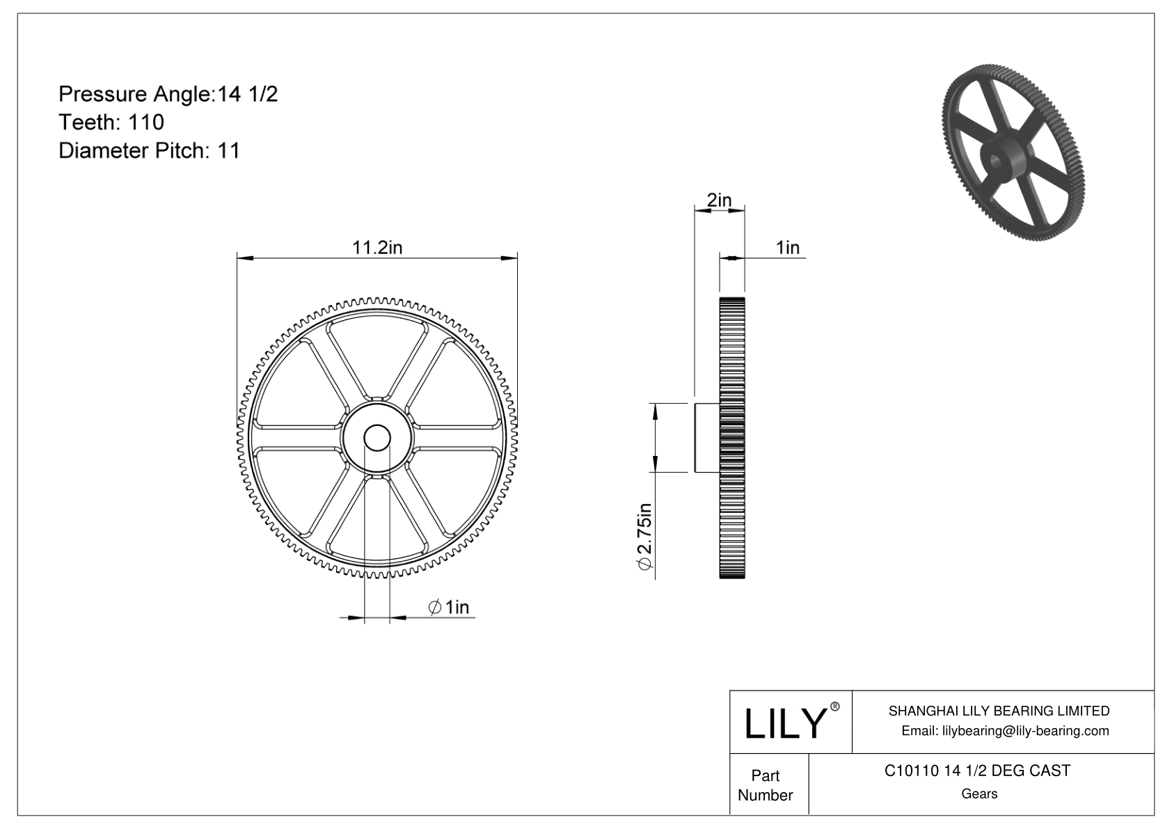 C10110 14 1/2 DEG CAST 正齿轮 cad drawing