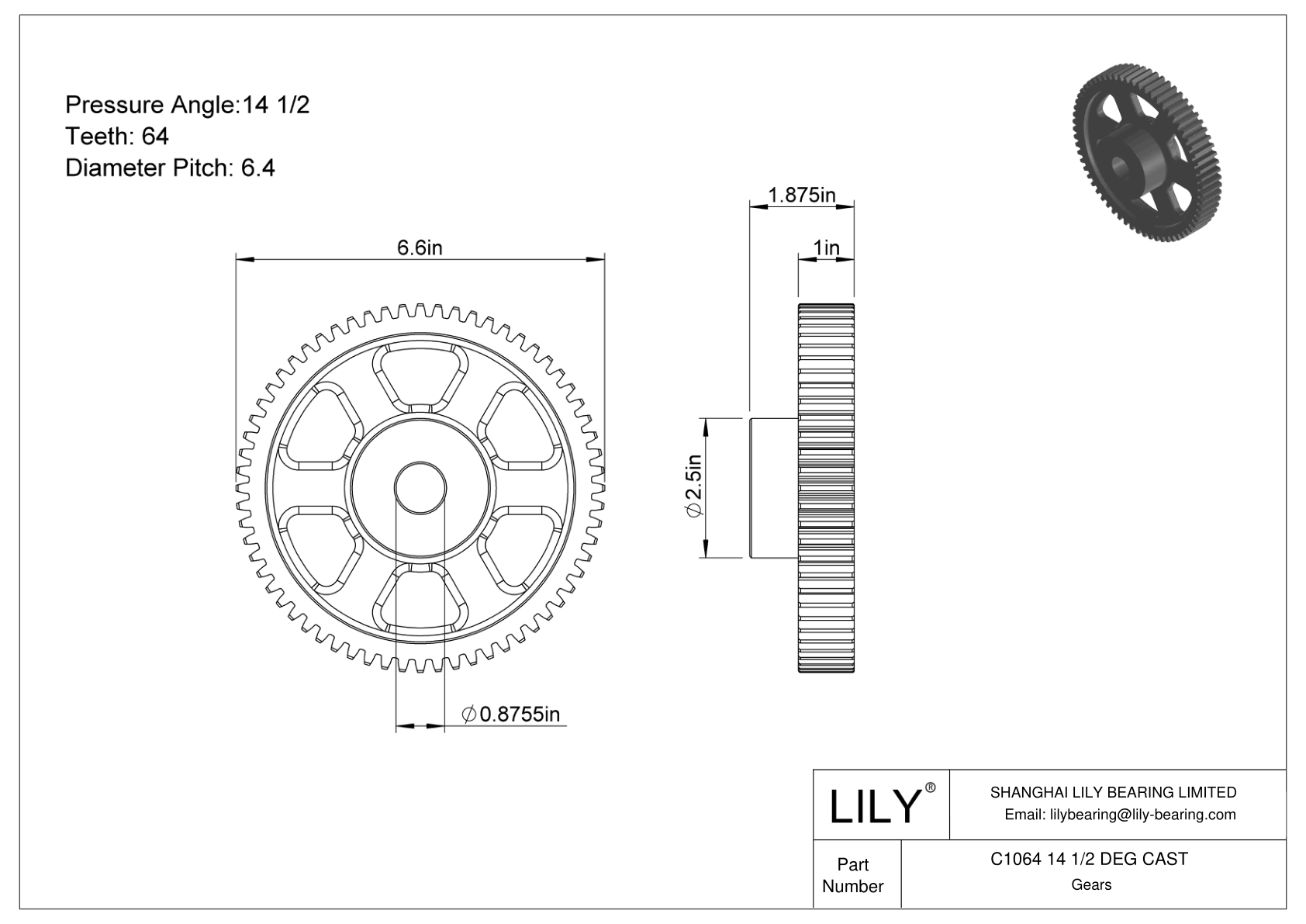 C1064 14 1/2 DEG CAST 正齿轮 cad drawing