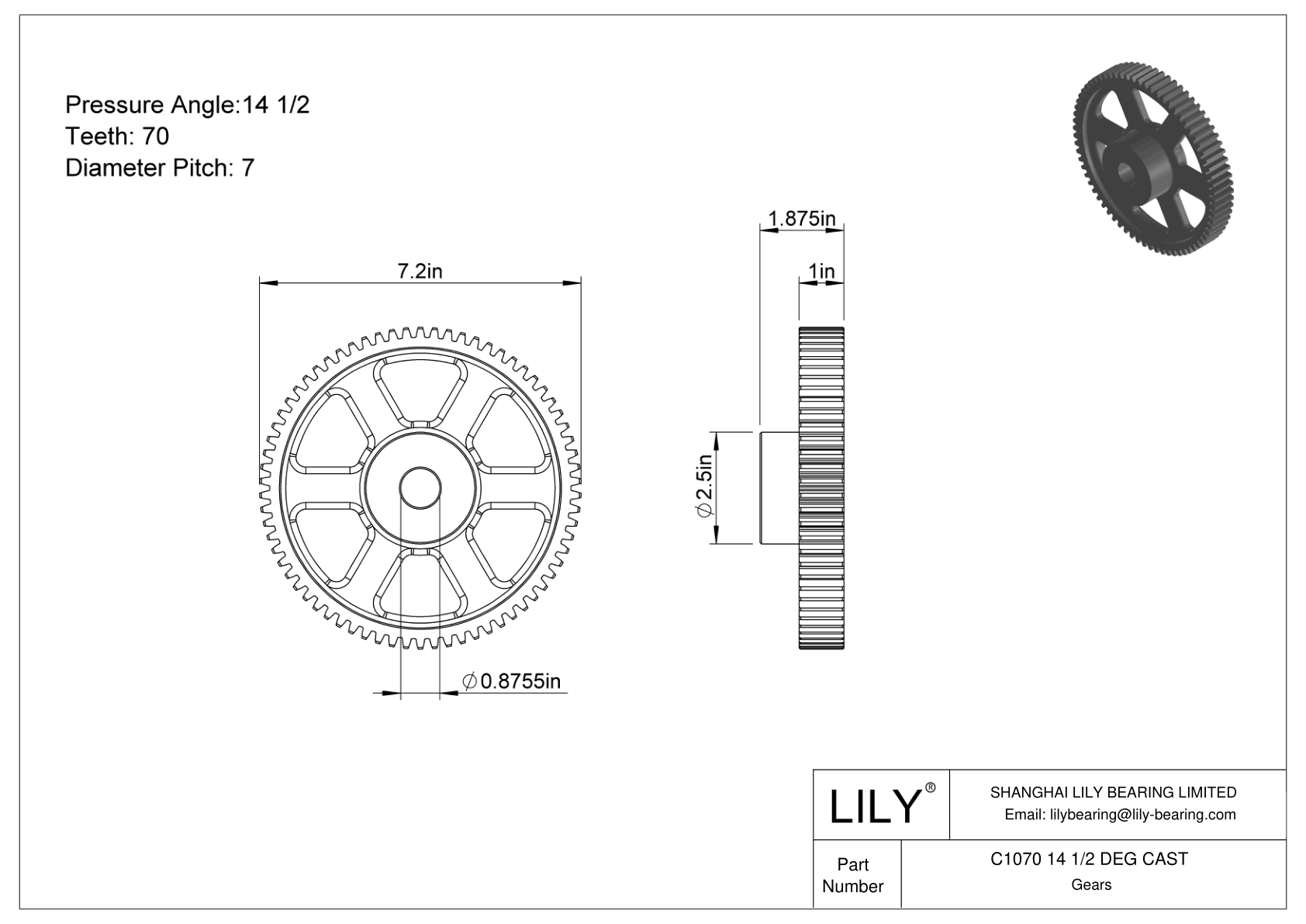 C1070 14 1/2 DEG CAST 正齿轮 cad drawing