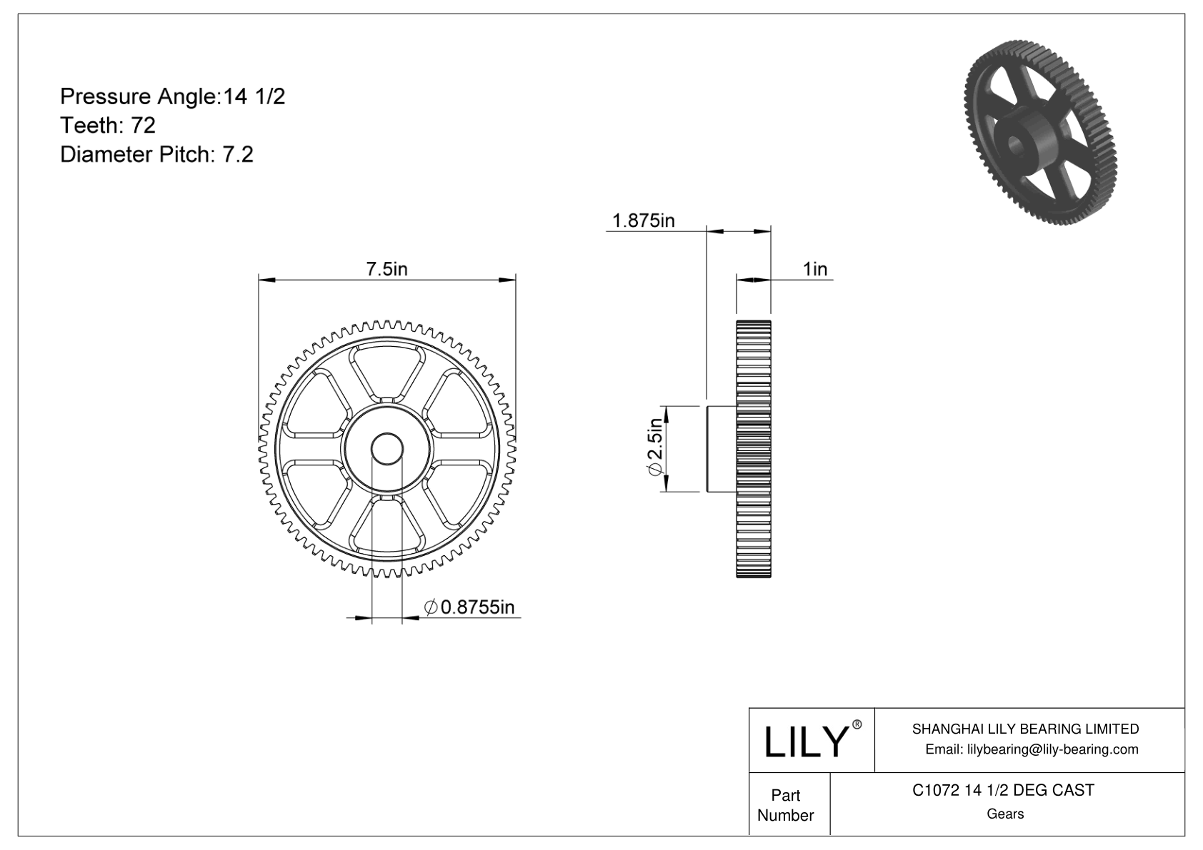 C1072 14 1/2 DEG CAST 正齿轮 cad drawing