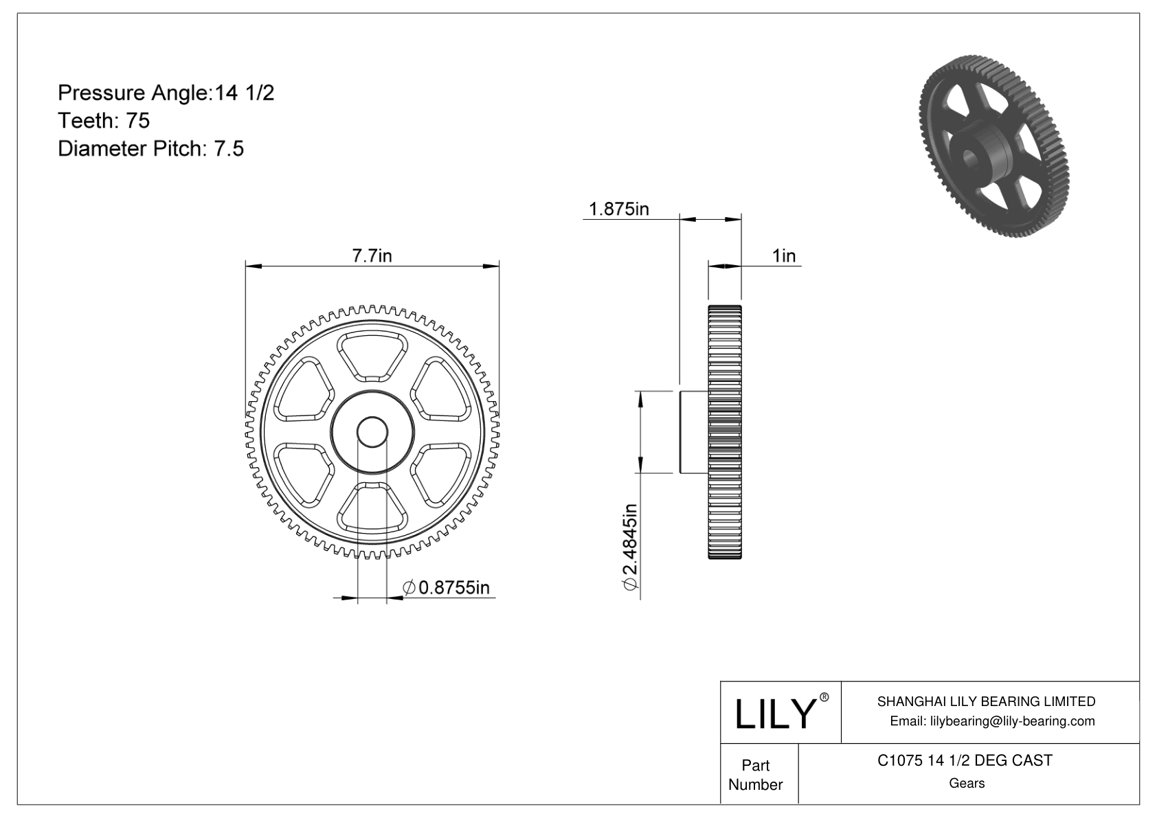 C1075 14 1/2 DEG CAST 正齿轮 cad drawing