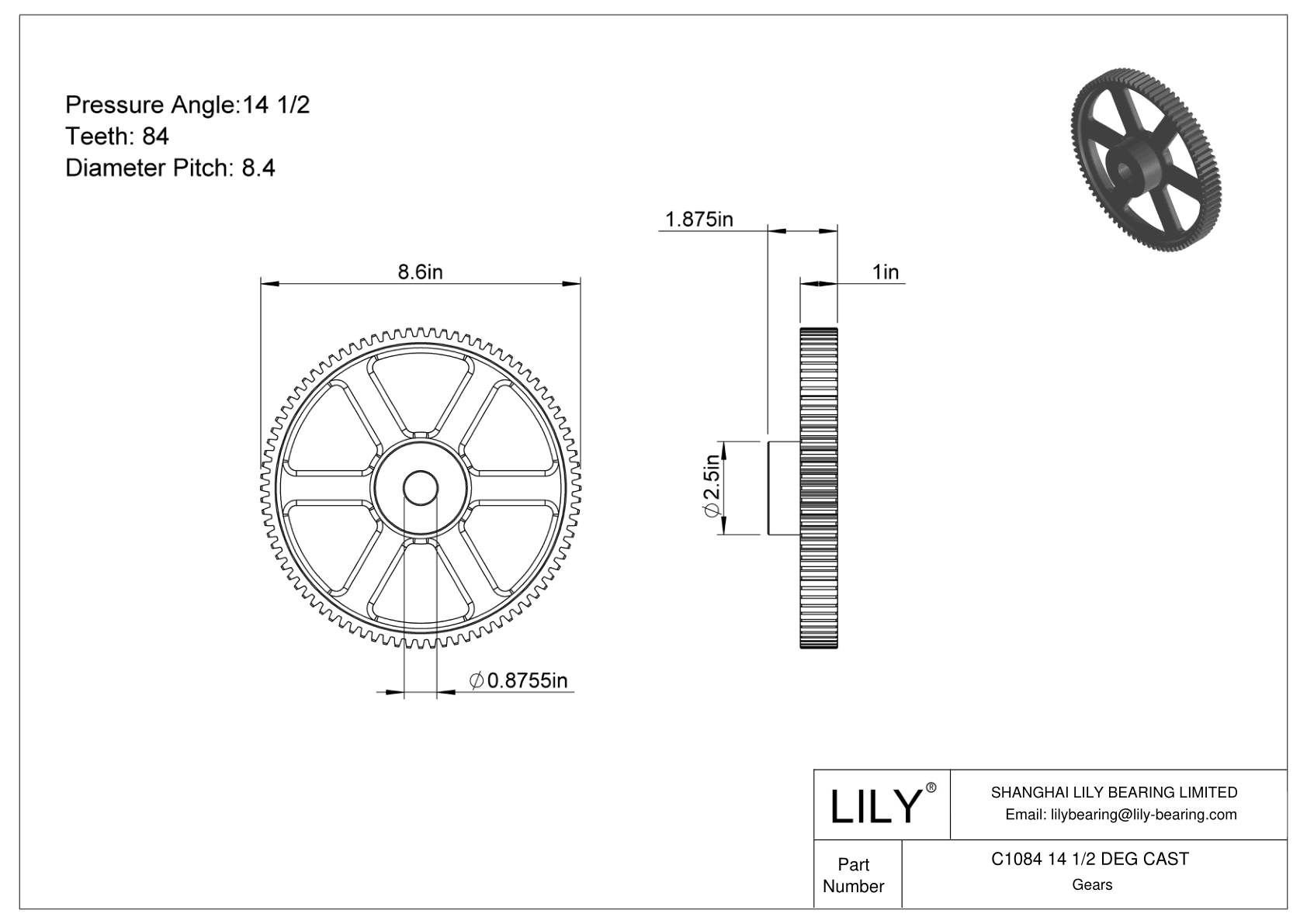 C1084 14 1/2 DEG CAST 正齿轮 cad drawing