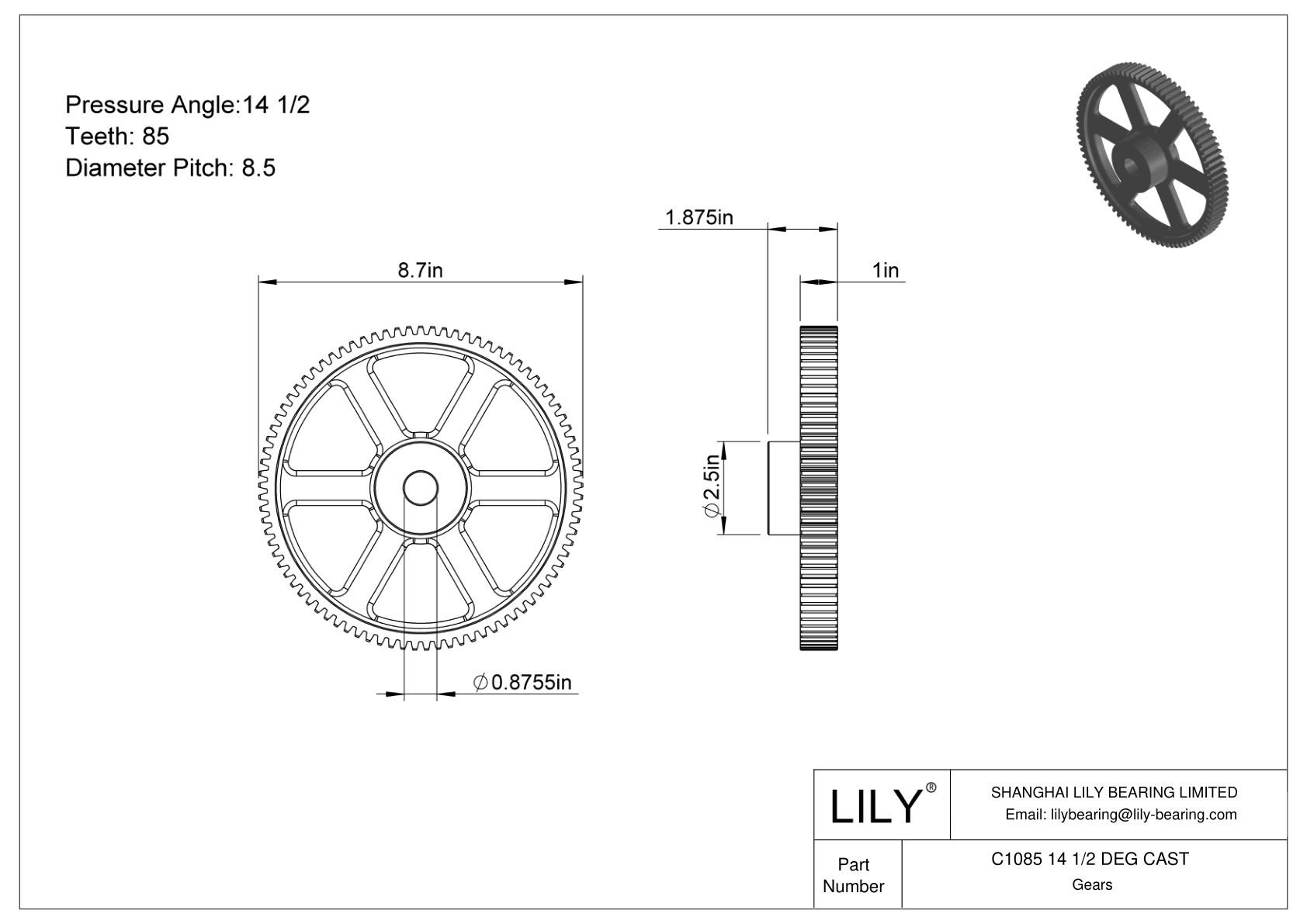 C1085 14 1/2 DEG CAST Engranajes rectos cad drawing