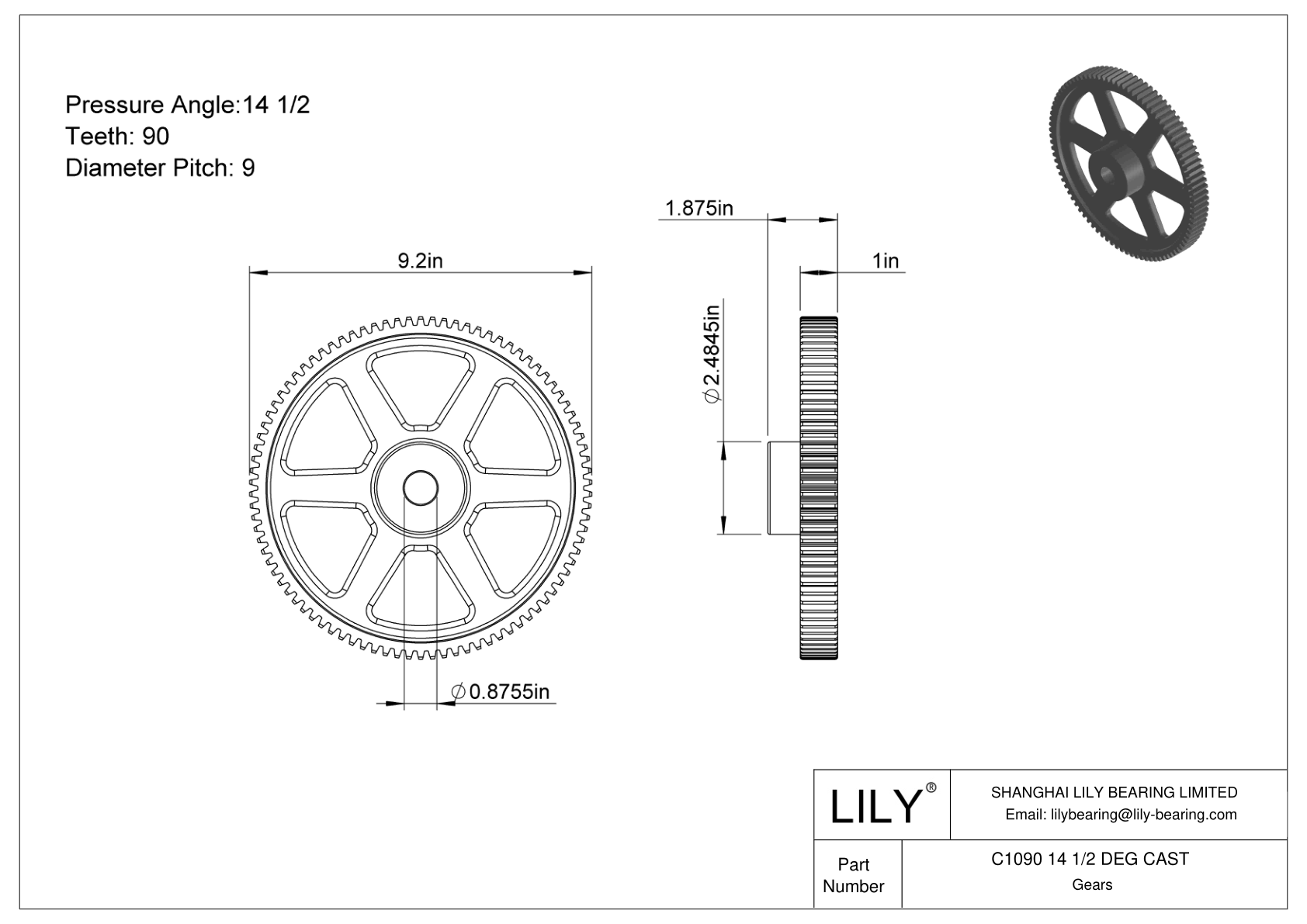 C1090 14 1/2 DEG CAST Engranajes rectos cad drawing