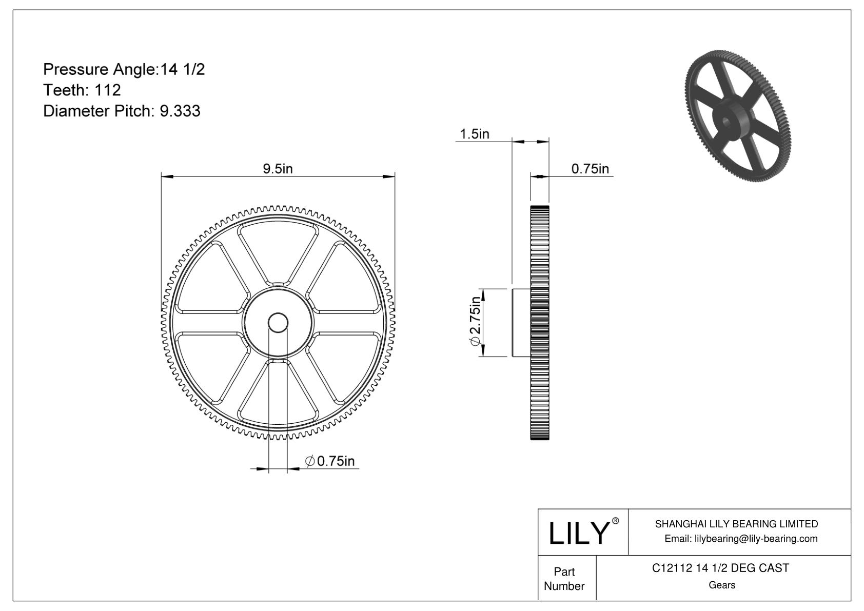 C12112 14 1/2 DEG CAST Spur Gears cad drawing