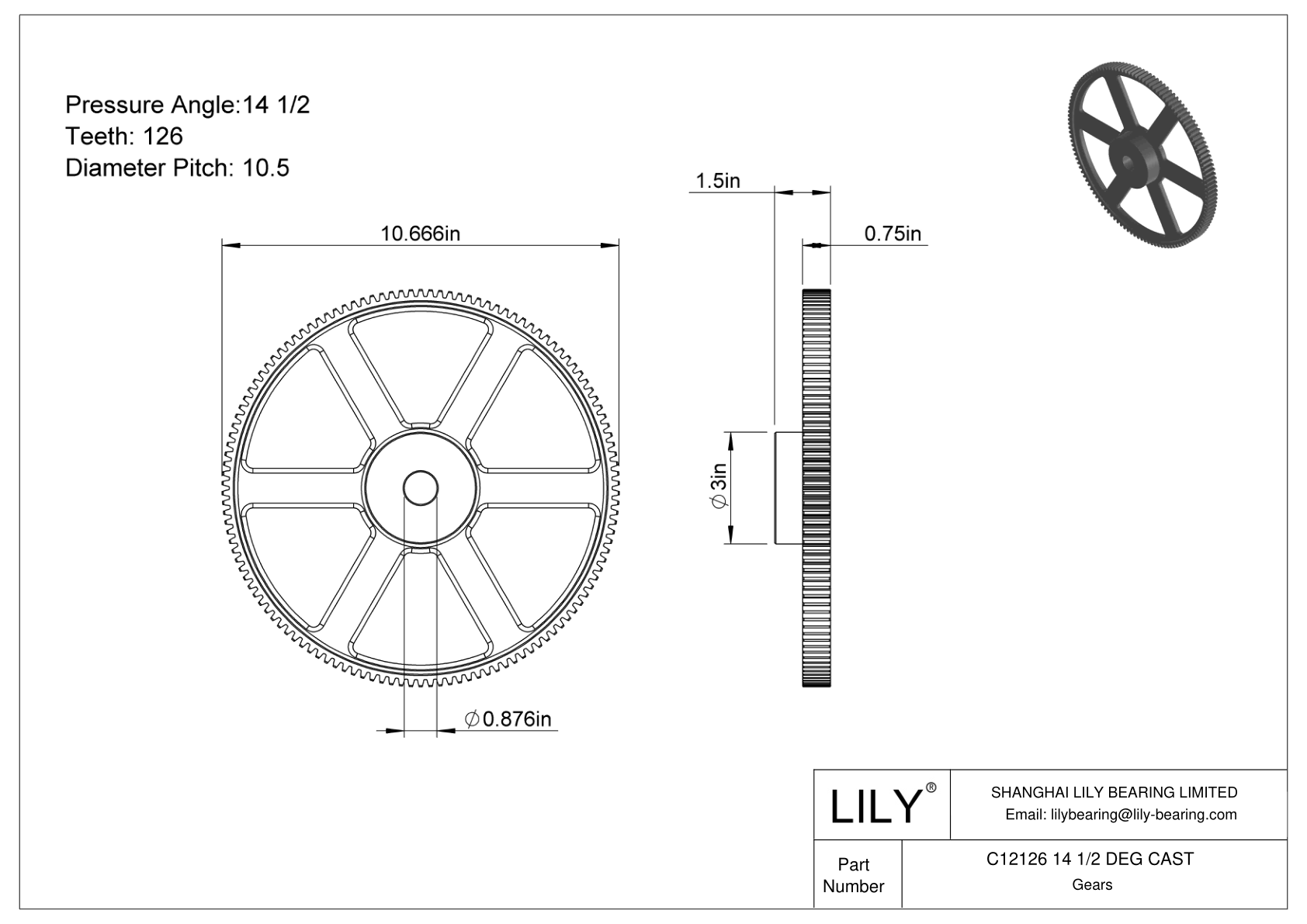 C12126 14 1/2 DEG CAST Engranajes rectos cad drawing