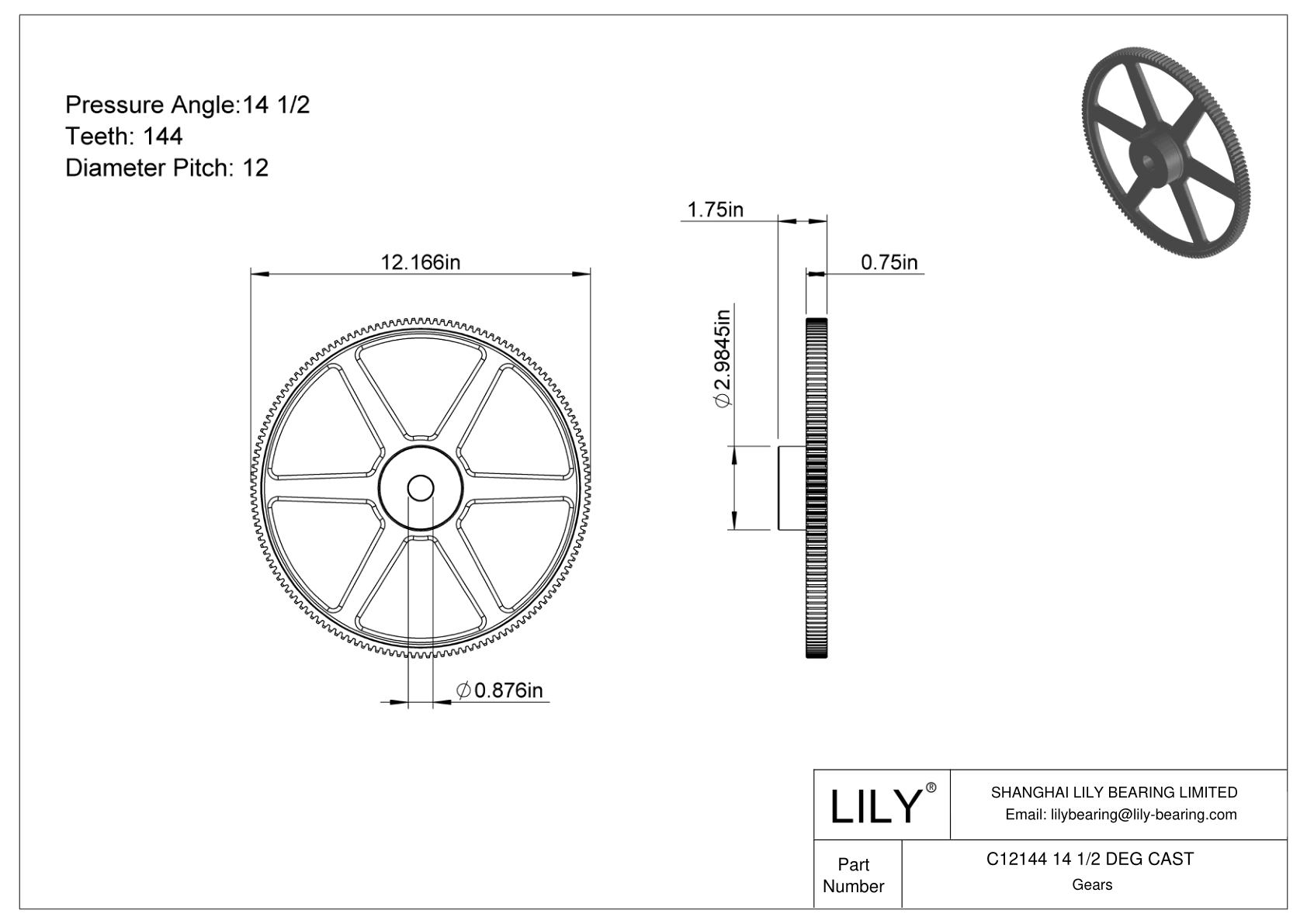 C12144 14 1/2 DEG CAST 正齿轮 cad drawing