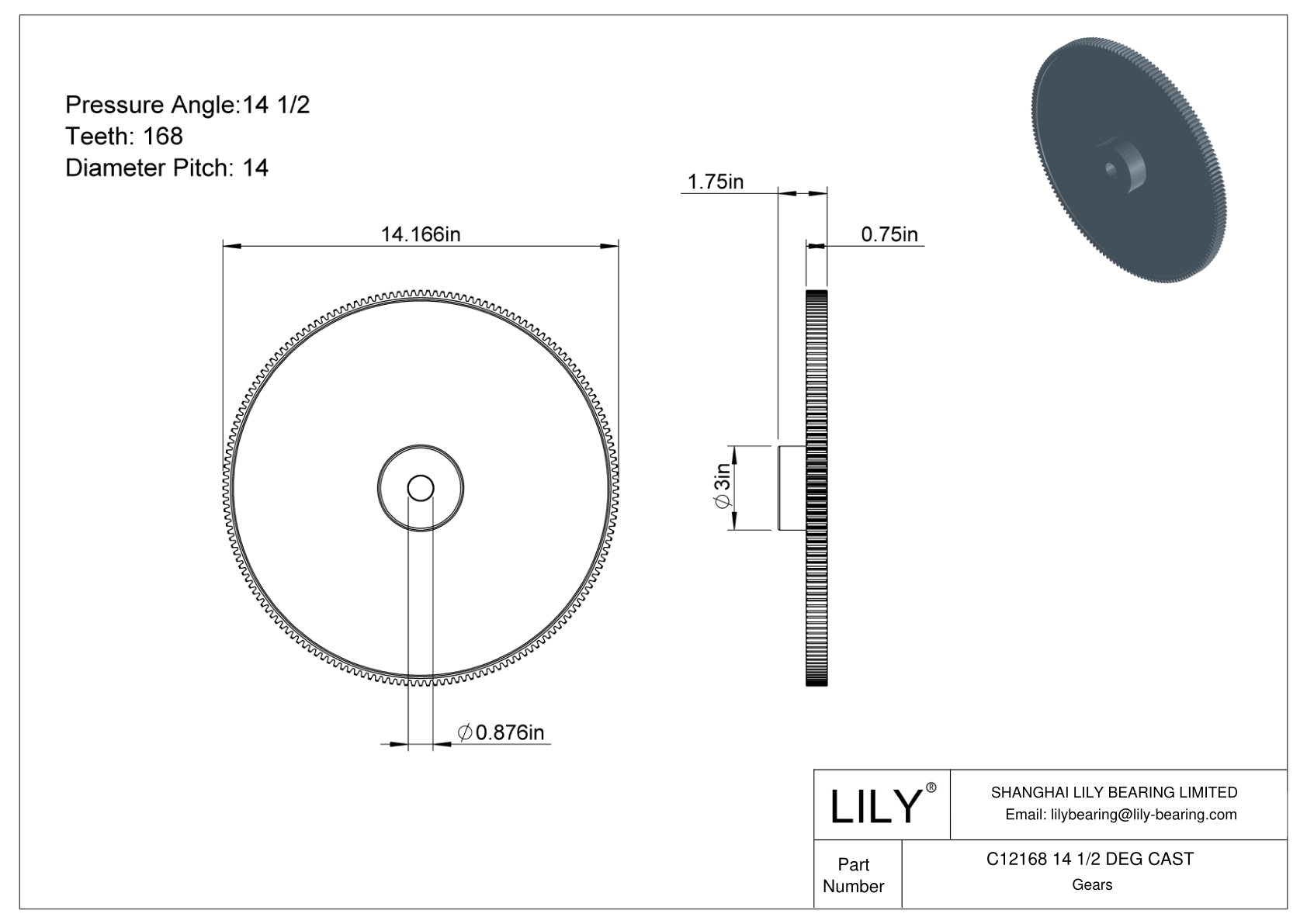 C12168 14 1/2 DEG CAST 正齿轮 cad drawing