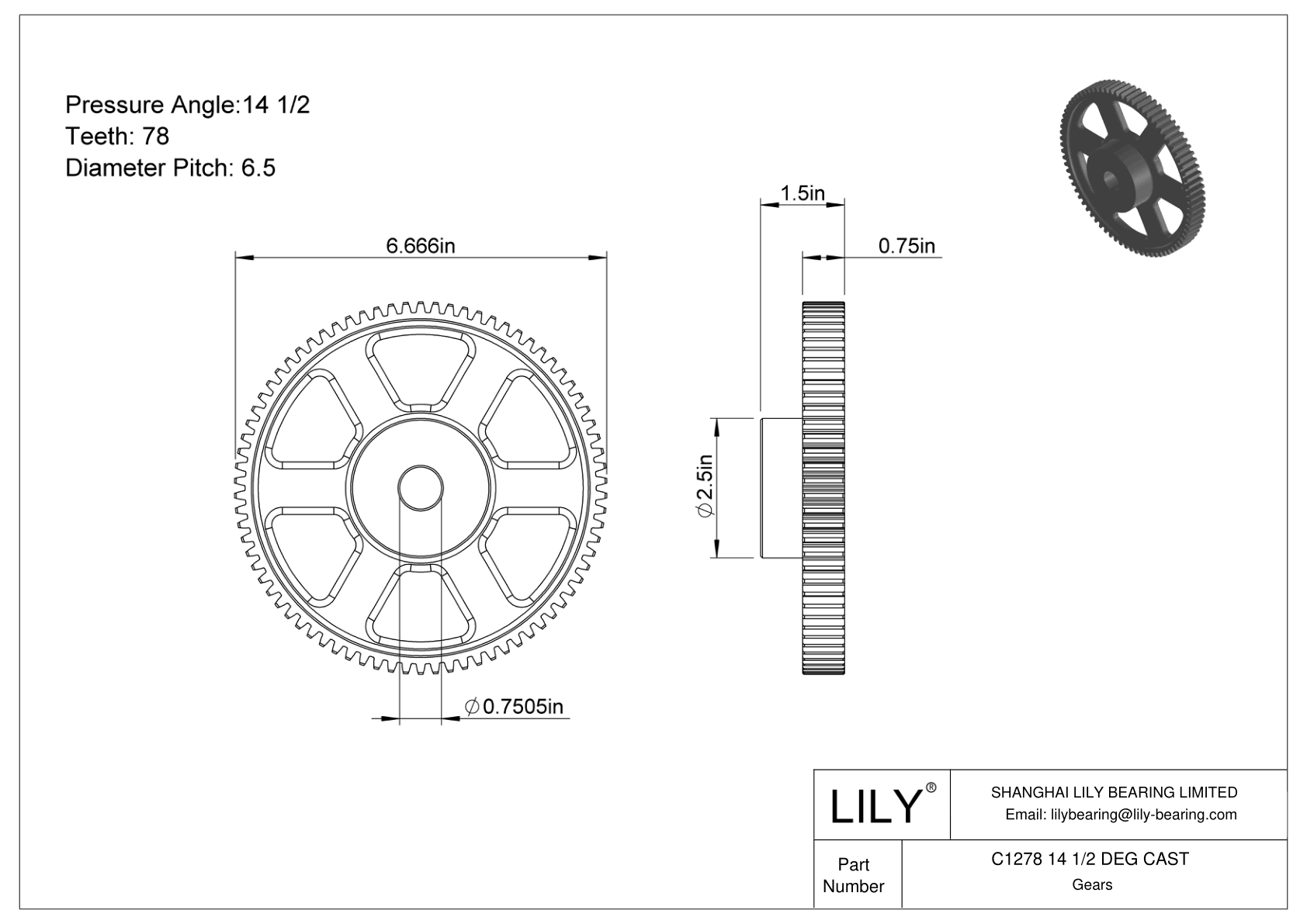 C1278 14 1/2 DEG CAST 正齿轮 cad drawing