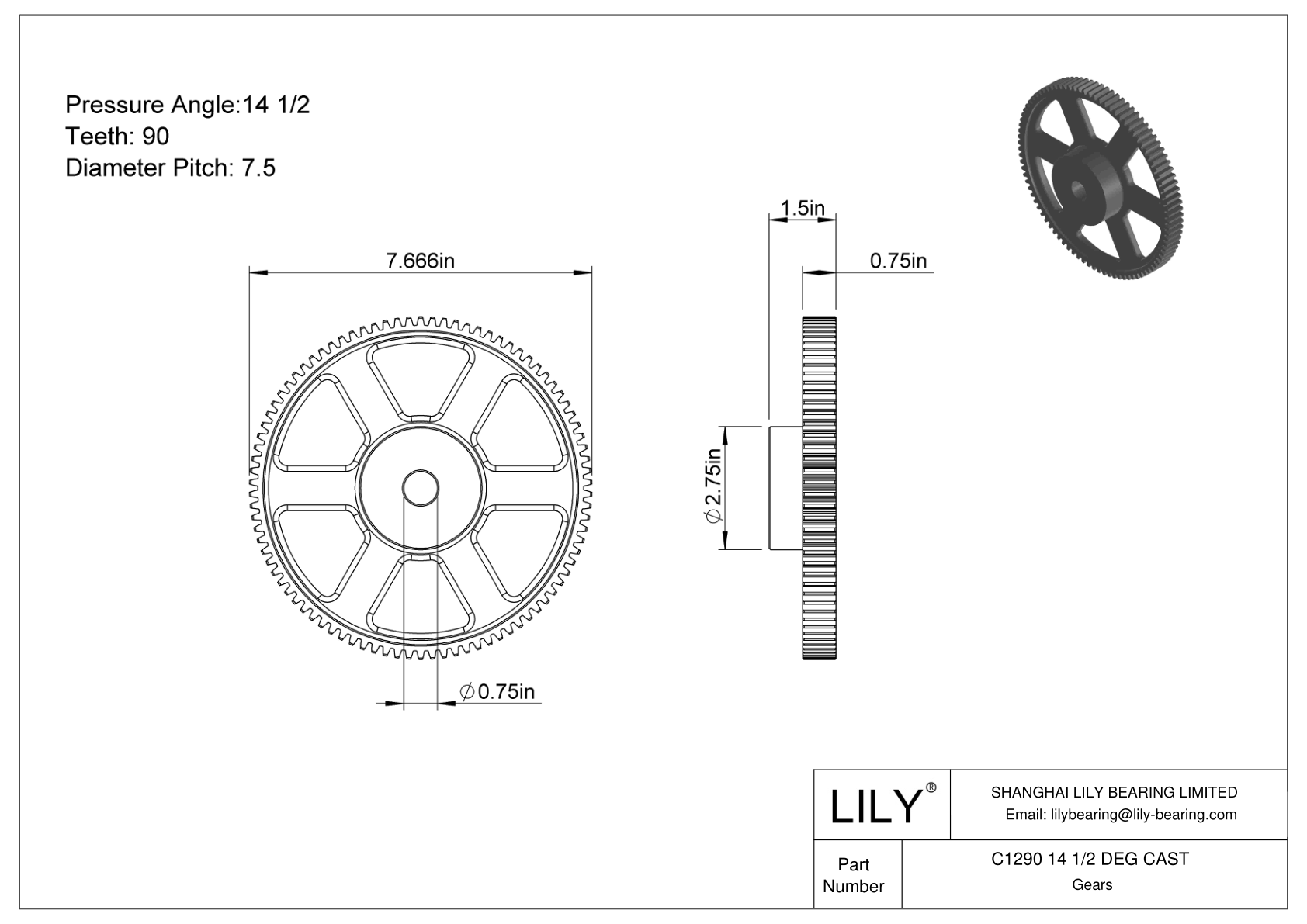 C1290 14 1/2 DEG CAST 正齿轮 cad drawing