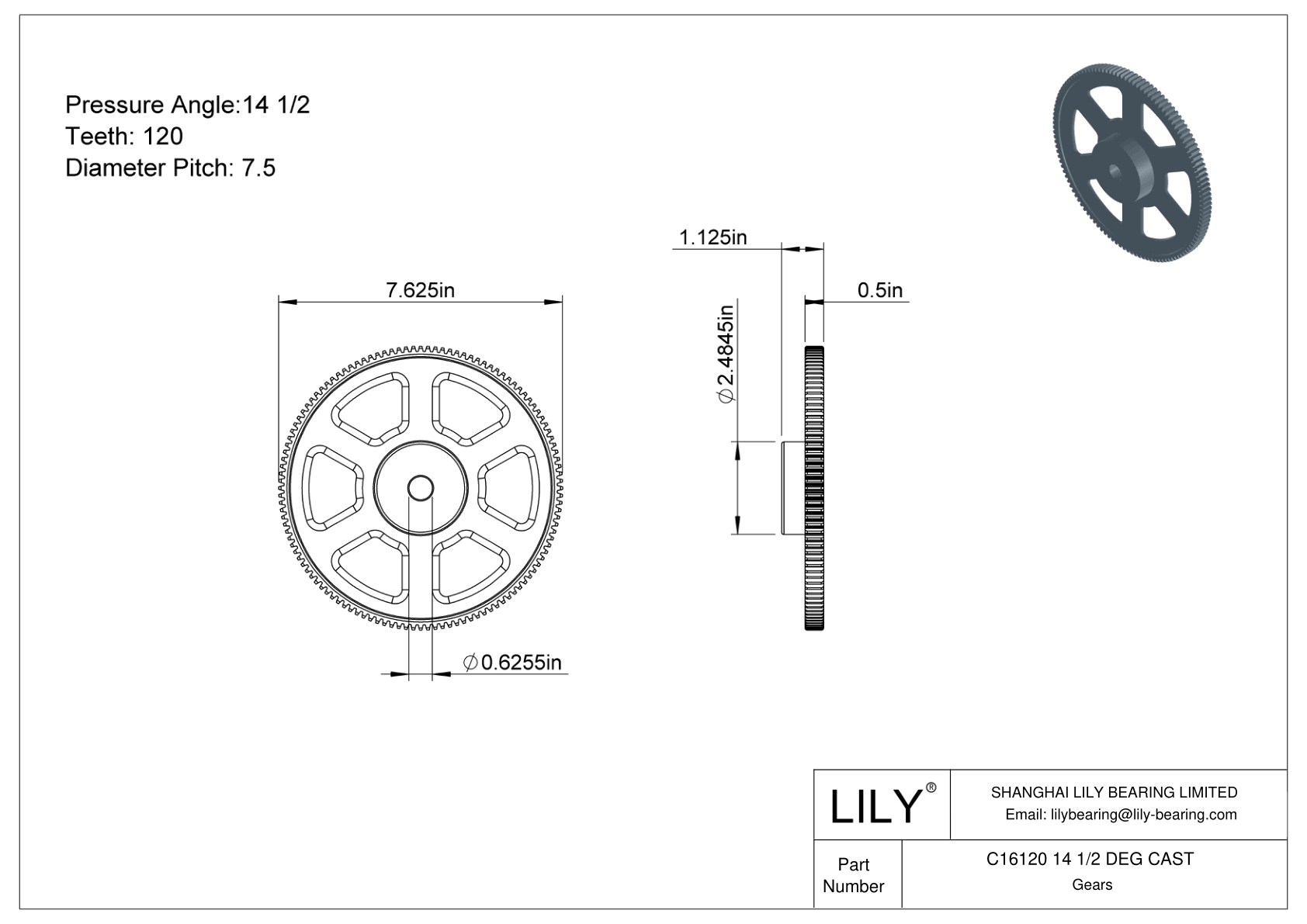 C16120 14 1/2 DEG CAST 正齿轮 cad drawing