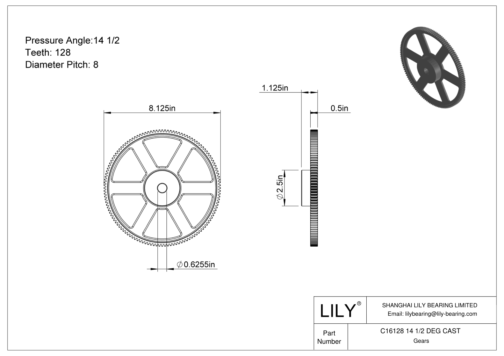 C16128 14 1/2 DEG CAST Engranajes rectos cad drawing