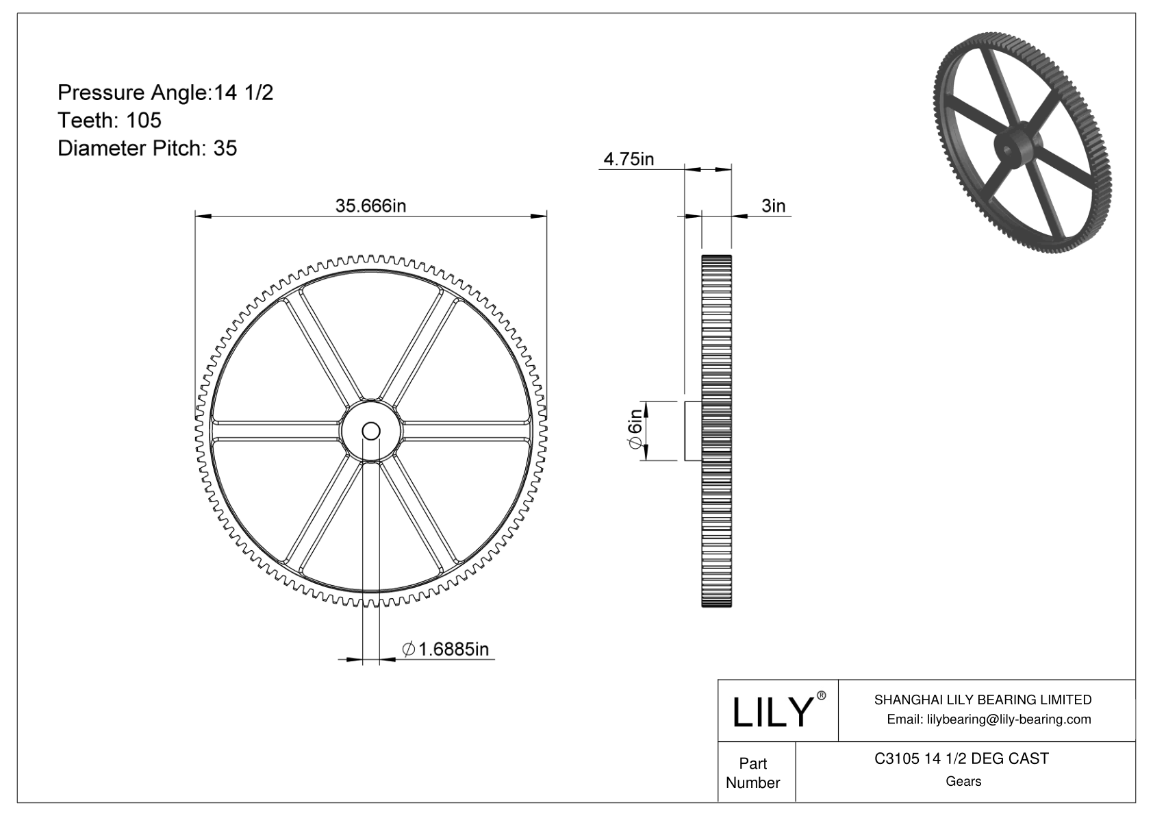 C3105 14 1/2 DEG CAST 正齿轮 cad drawing