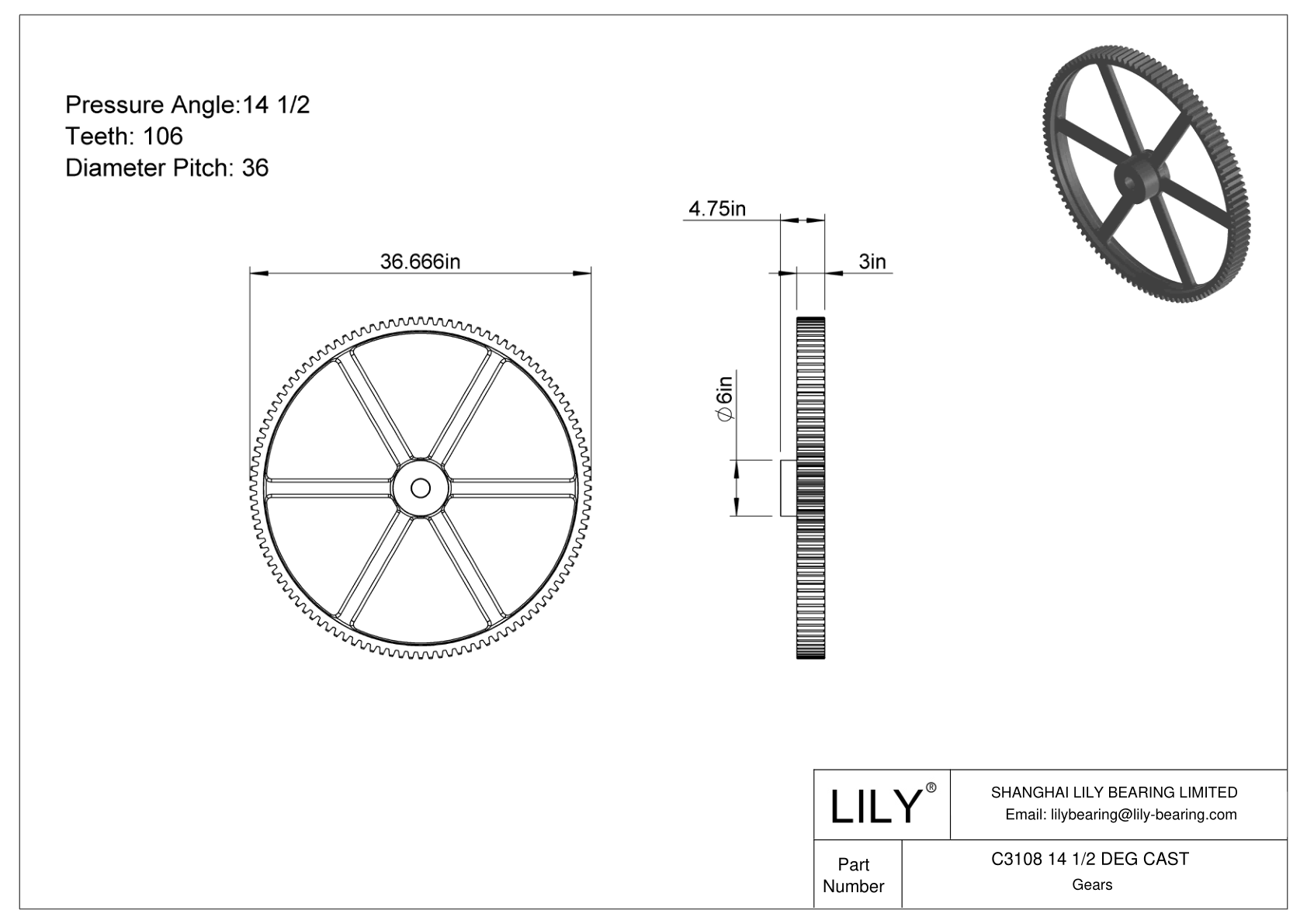 C3108 14 1/2 DEG CAST 正齿轮 cad drawing