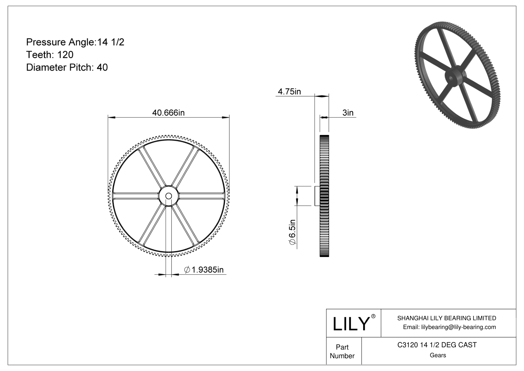 C3120 14 1/2 DEG CAST 正齿轮 cad drawing