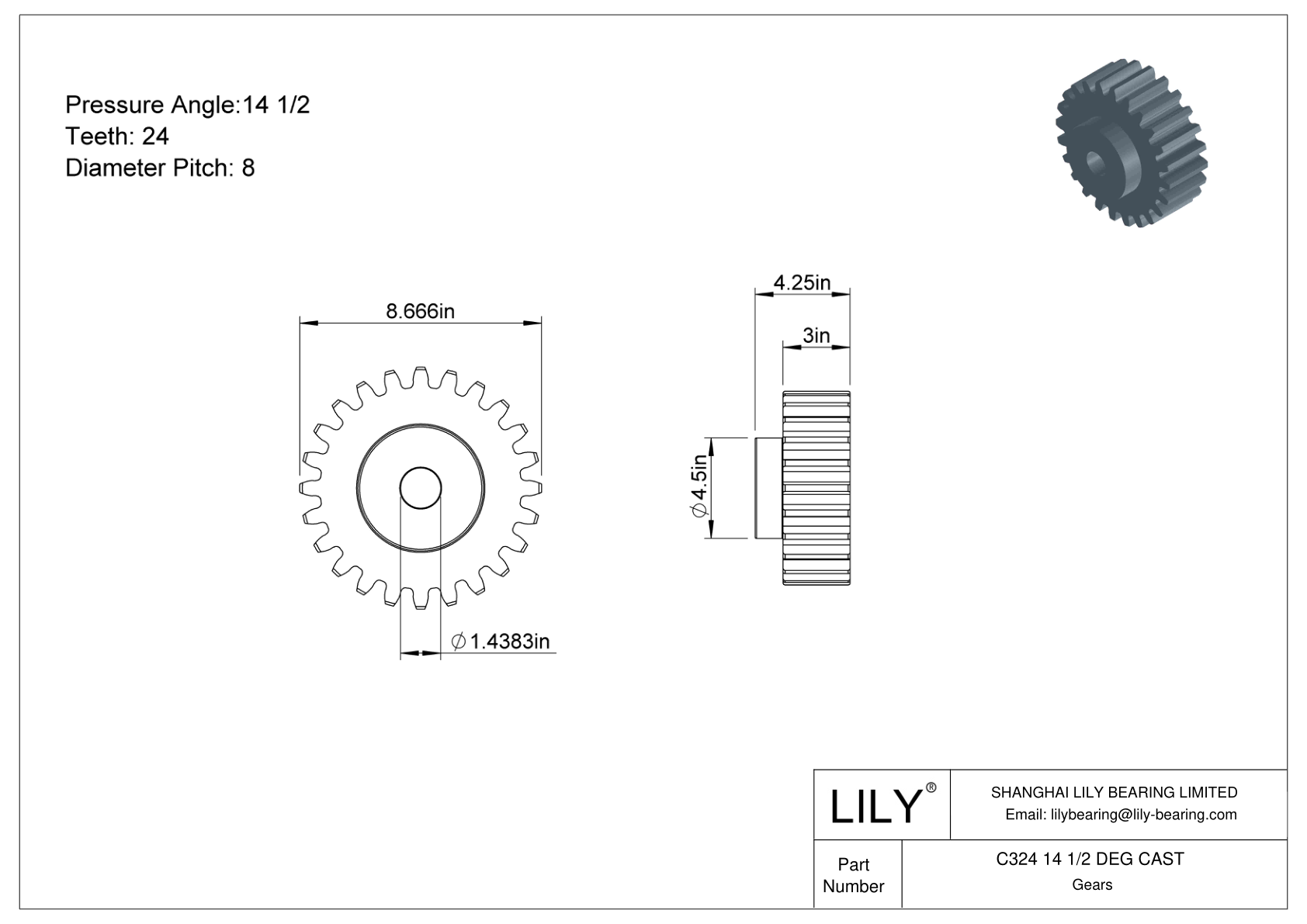 C324 14 1/2 DEG CAST Engranajes rectos cad drawing