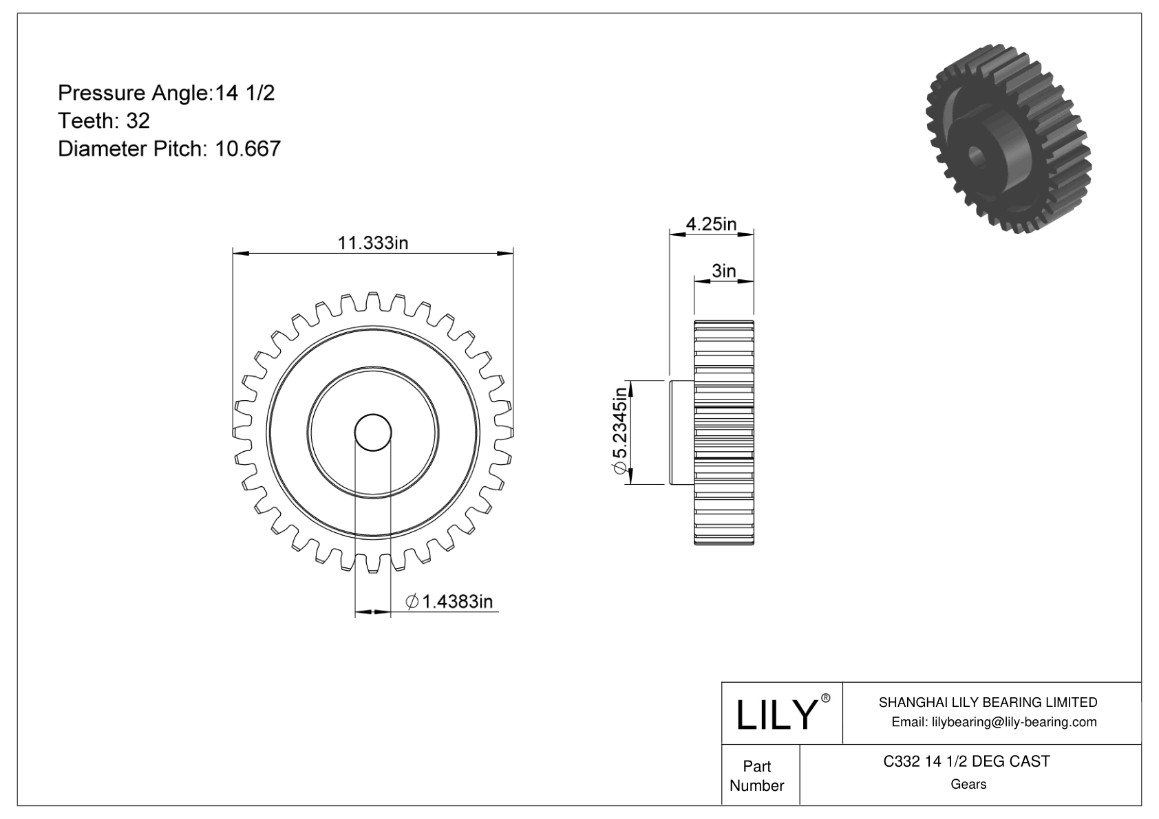 C332 14 1/2 DEG CAST Spur Gears cad drawing