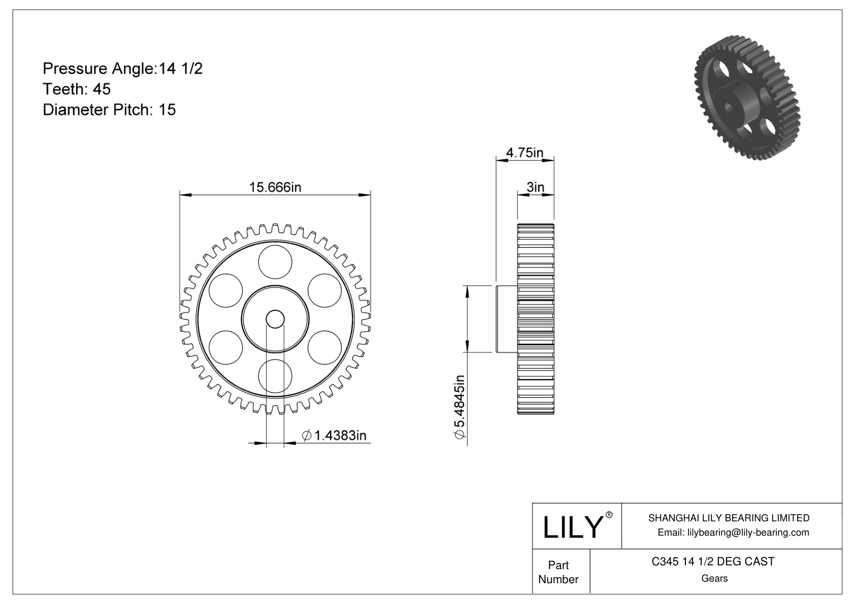 C345 14 1/2 DEG CAST Engranajes rectos cad drawing