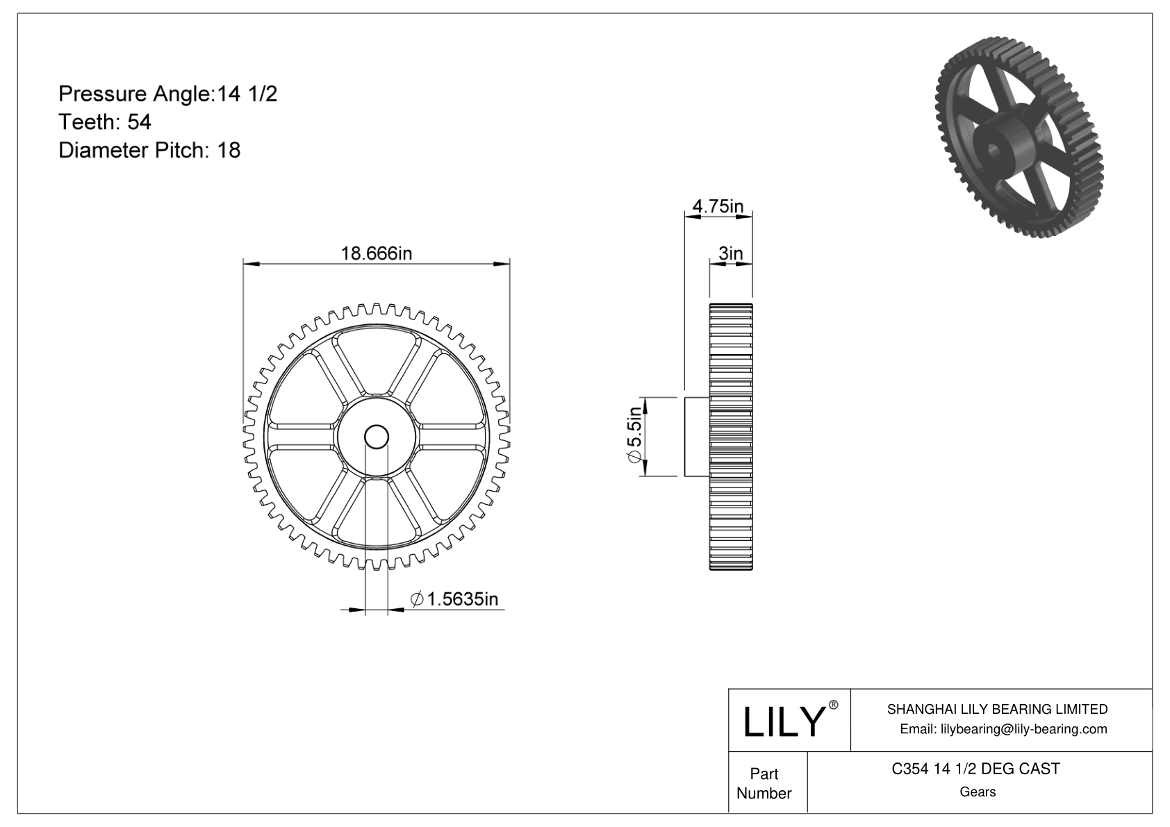 C354 14 1/2 DEG CAST Engranajes rectos cad drawing