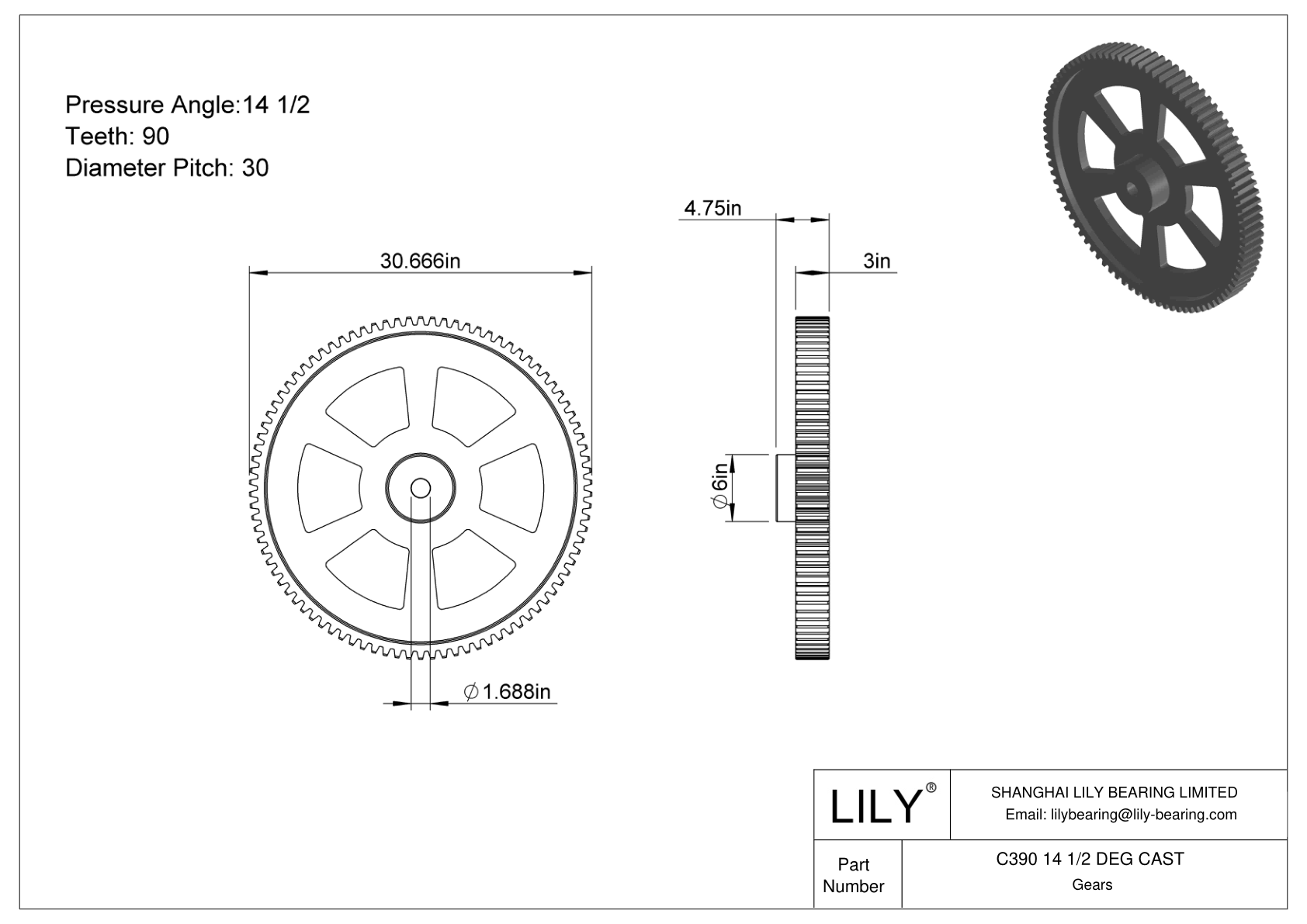 C390 14 1/2 DEG CAST Engranajes rectos cad drawing